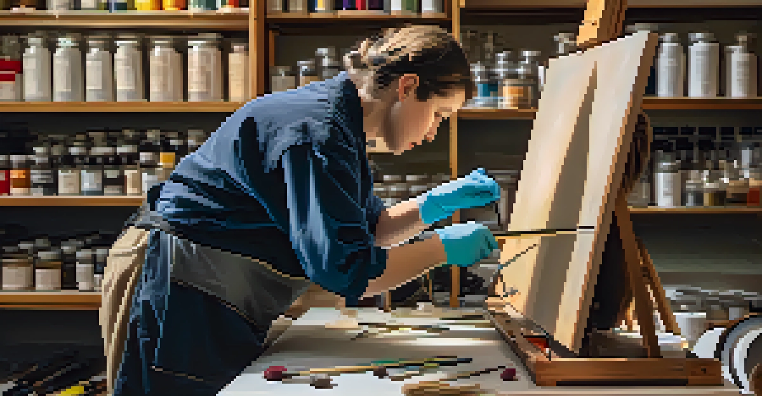 A detailed view of an art conservator working on restoring a painting with specialized tools and materials.