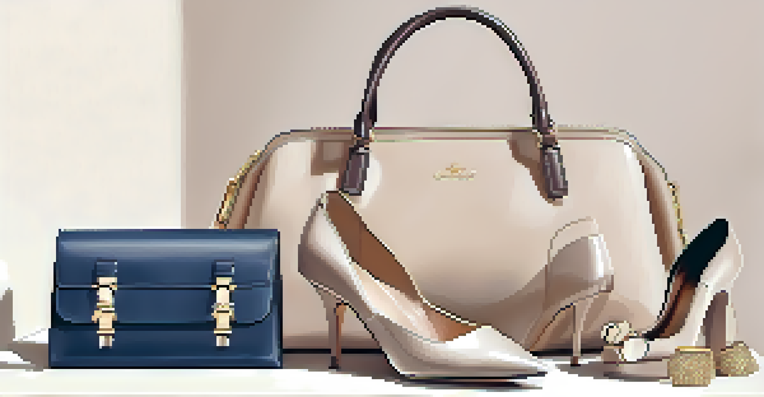 A close-up of a capsule wardrobe featuring a classic designer handbag, elegant shoes, and versatile accessories arranged on a soft background.