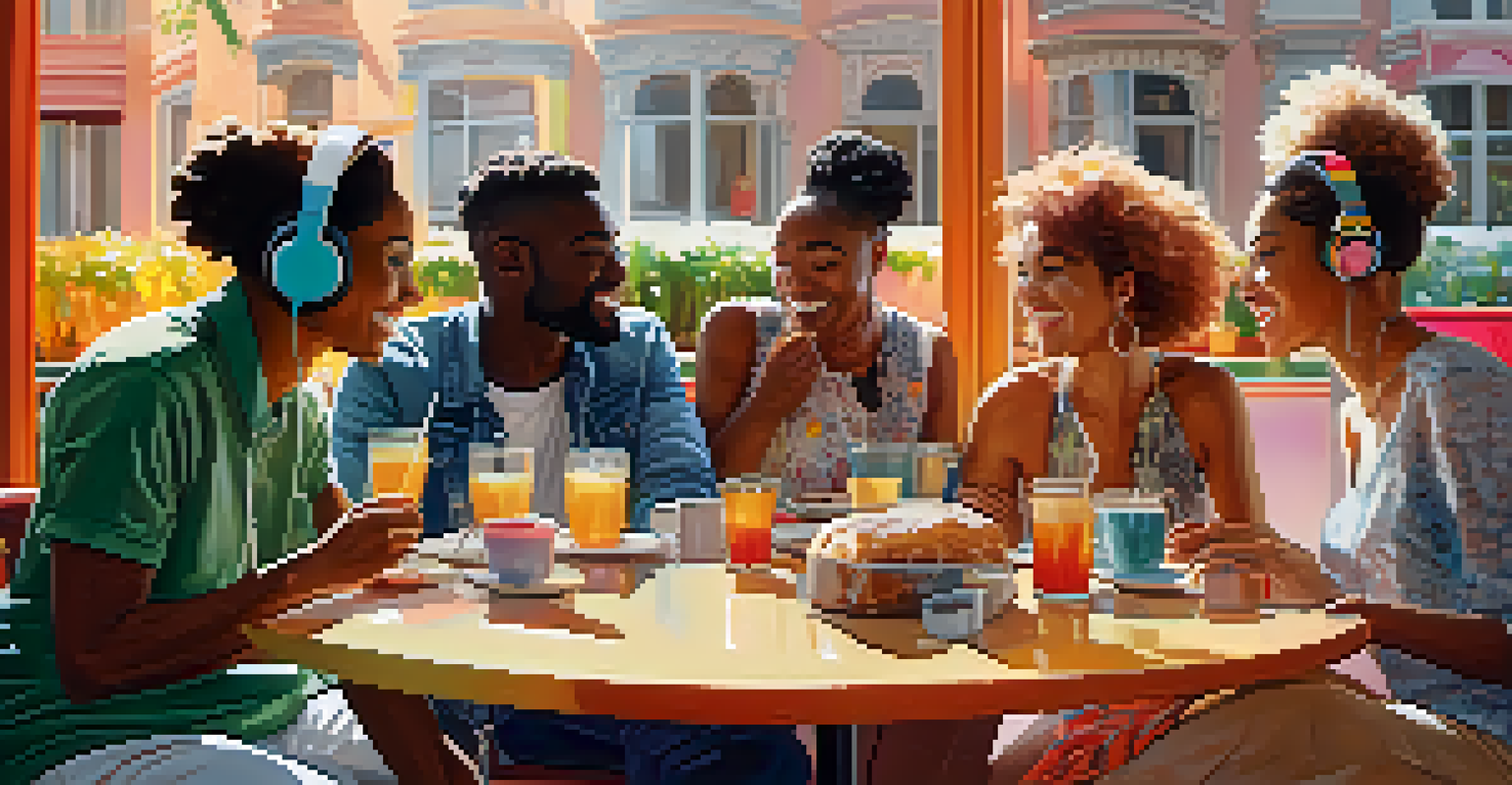 Diverse friends in a café listening to a fashion podcast and discussing styles over pastries and drinks.