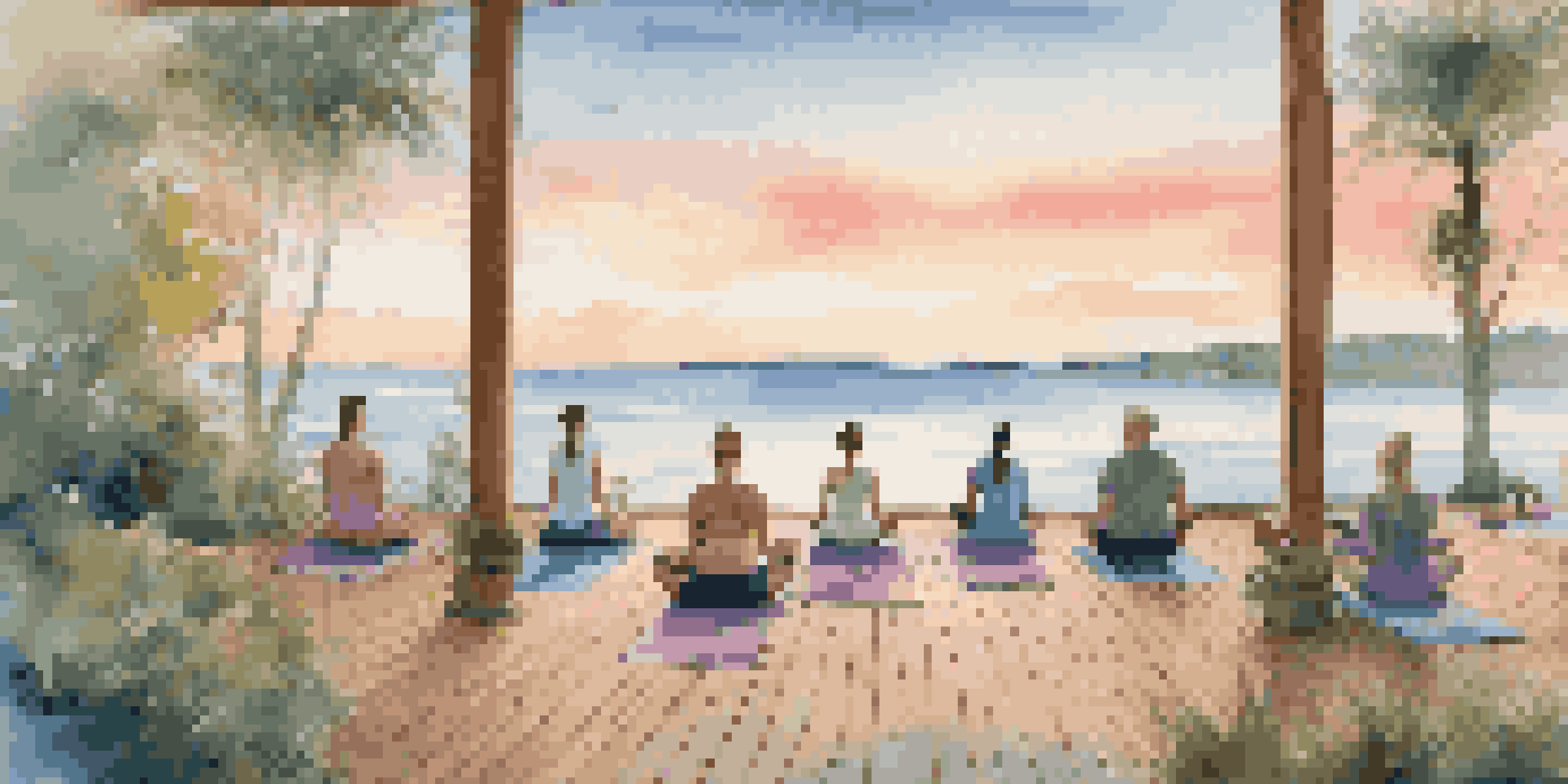 A peaceful coastal retreat with participants practicing yoga at sunrise on a wooden deck overlooking the ocean.