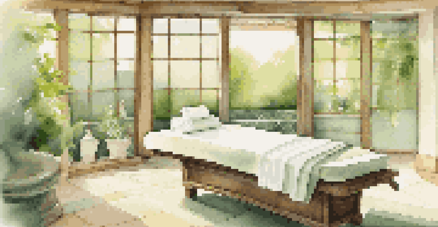 A tranquil spa room with a massage table, scented candles, and views of a garden, showcasing a calming atmosphere.