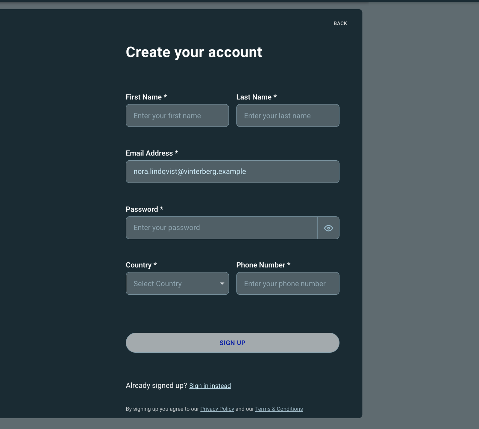 The sign-up form reached from an invitation, with the email address filled in and not editable.