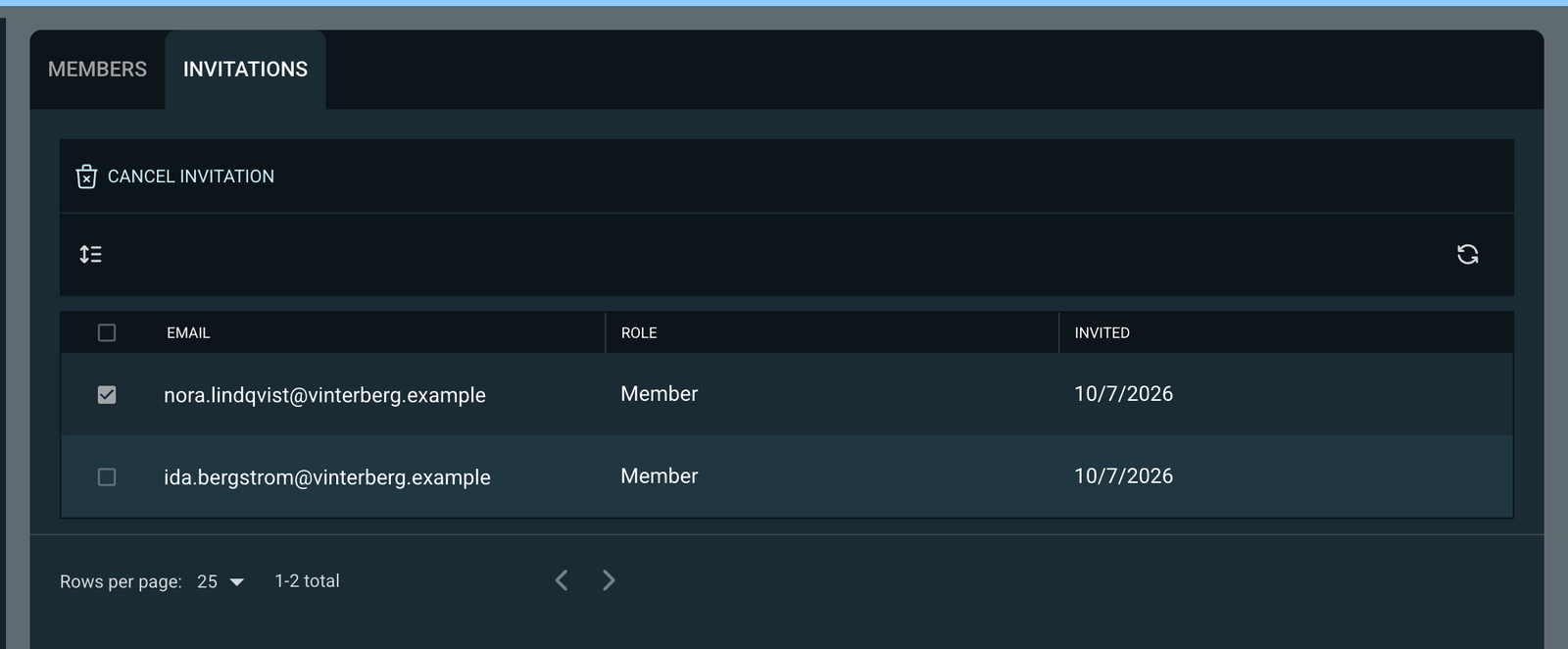 The Invitations tab listing one pending invitation, with Cancel Invitation above it.
