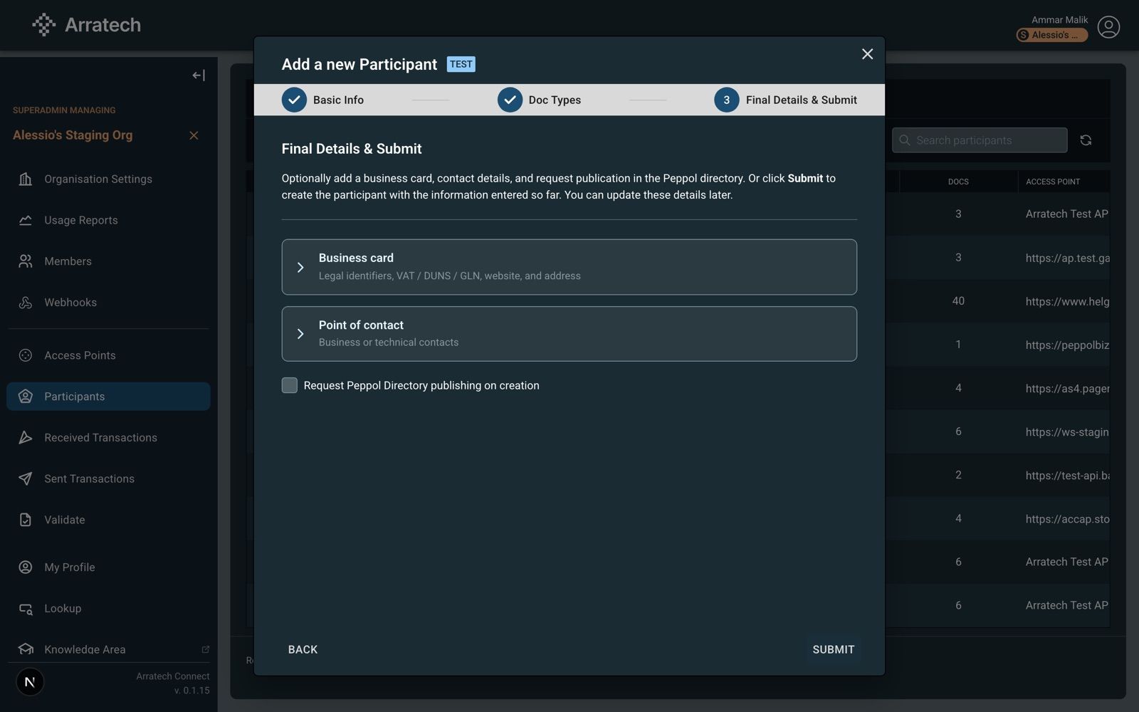 Final Details and Submit step, own participant
