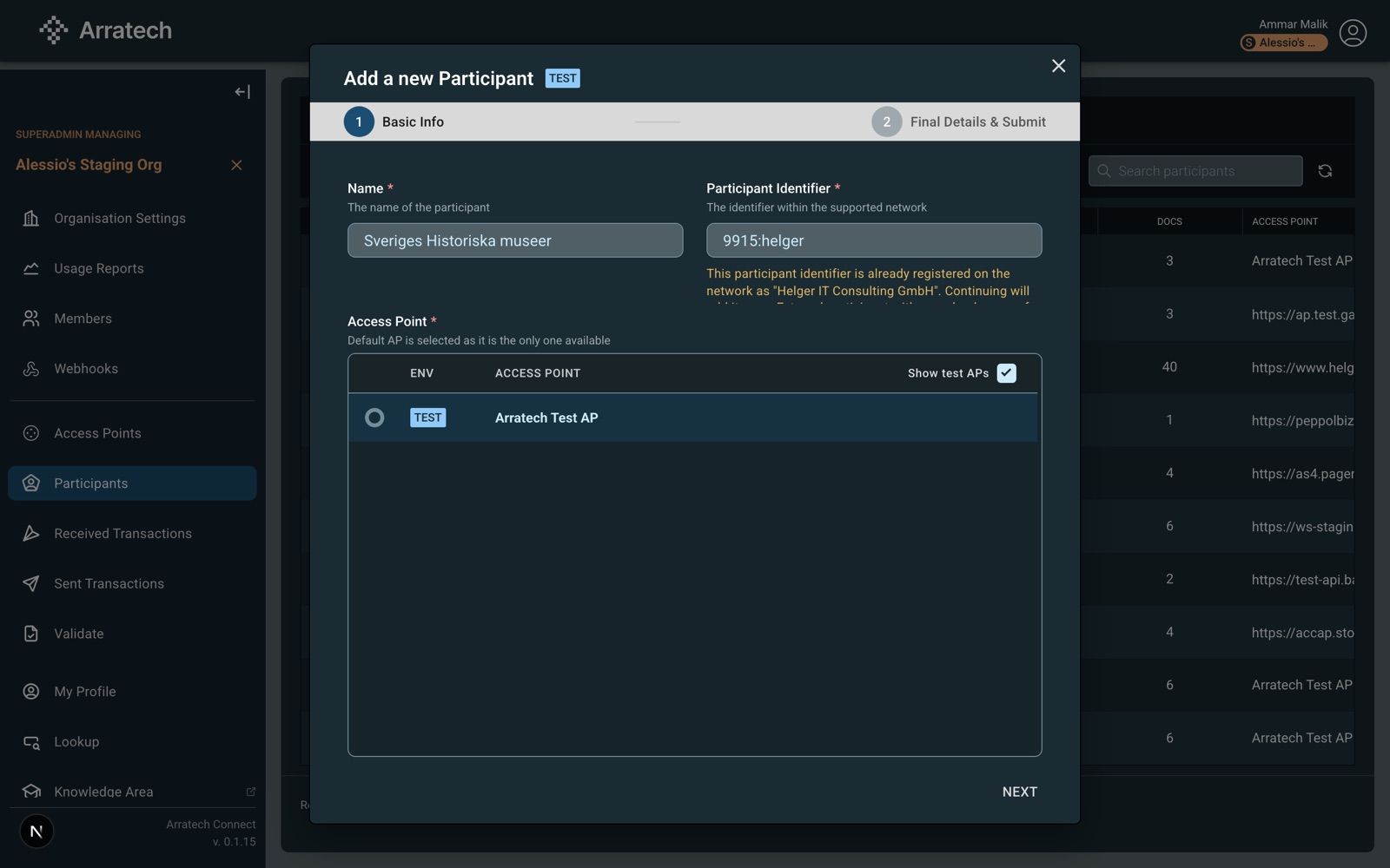Basic Info with the registered-elsewhere warning and a two-step stepper