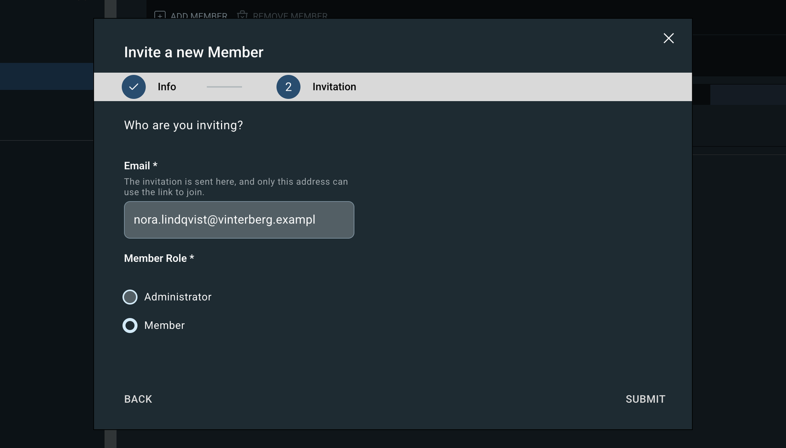 The Invite a new Member dialog, with an email address filled in and the Administrator role selected.