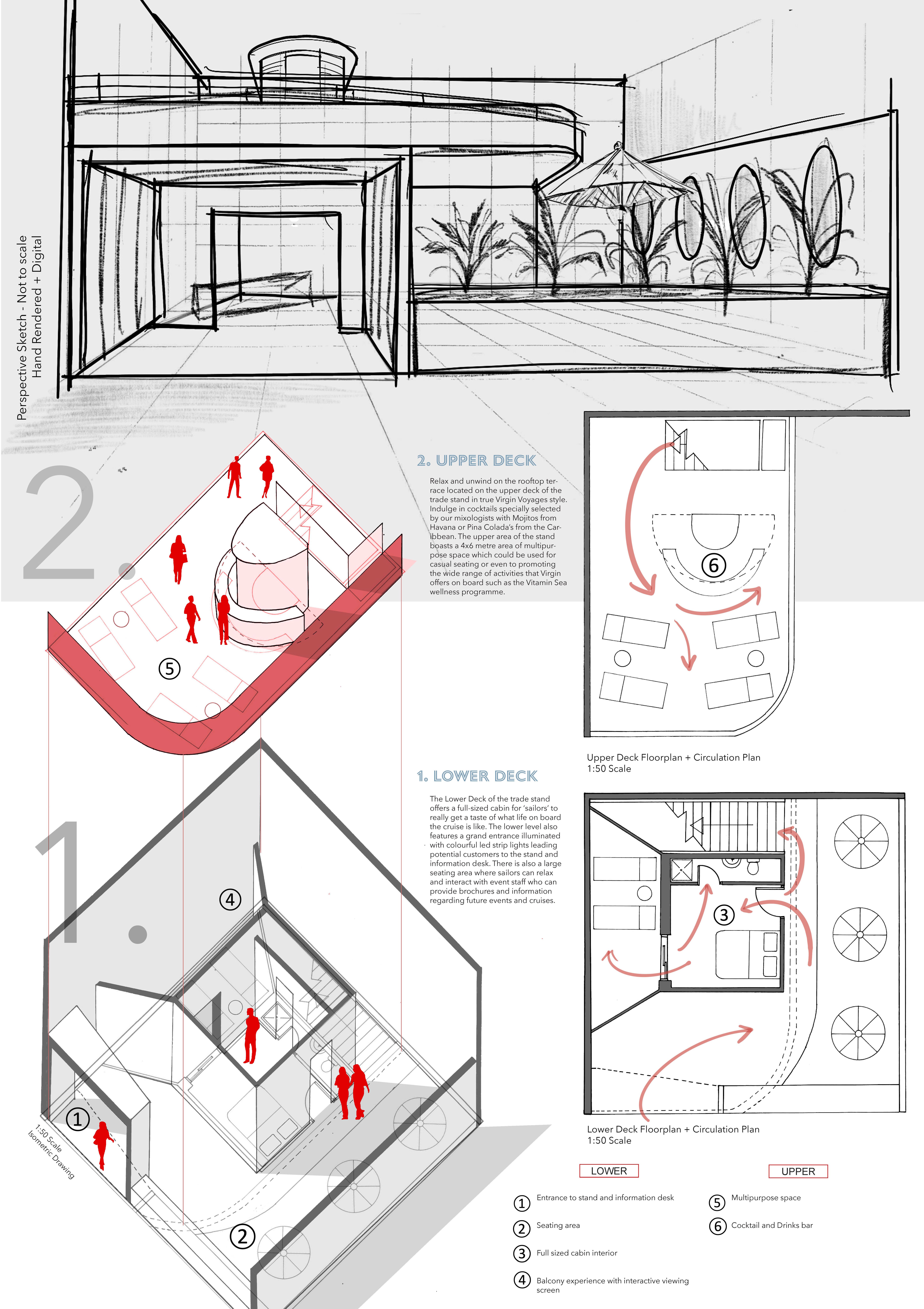 Portfolio sheet with perspective drawing (top) exploded isometric (left) upper and lower floorplans (right)