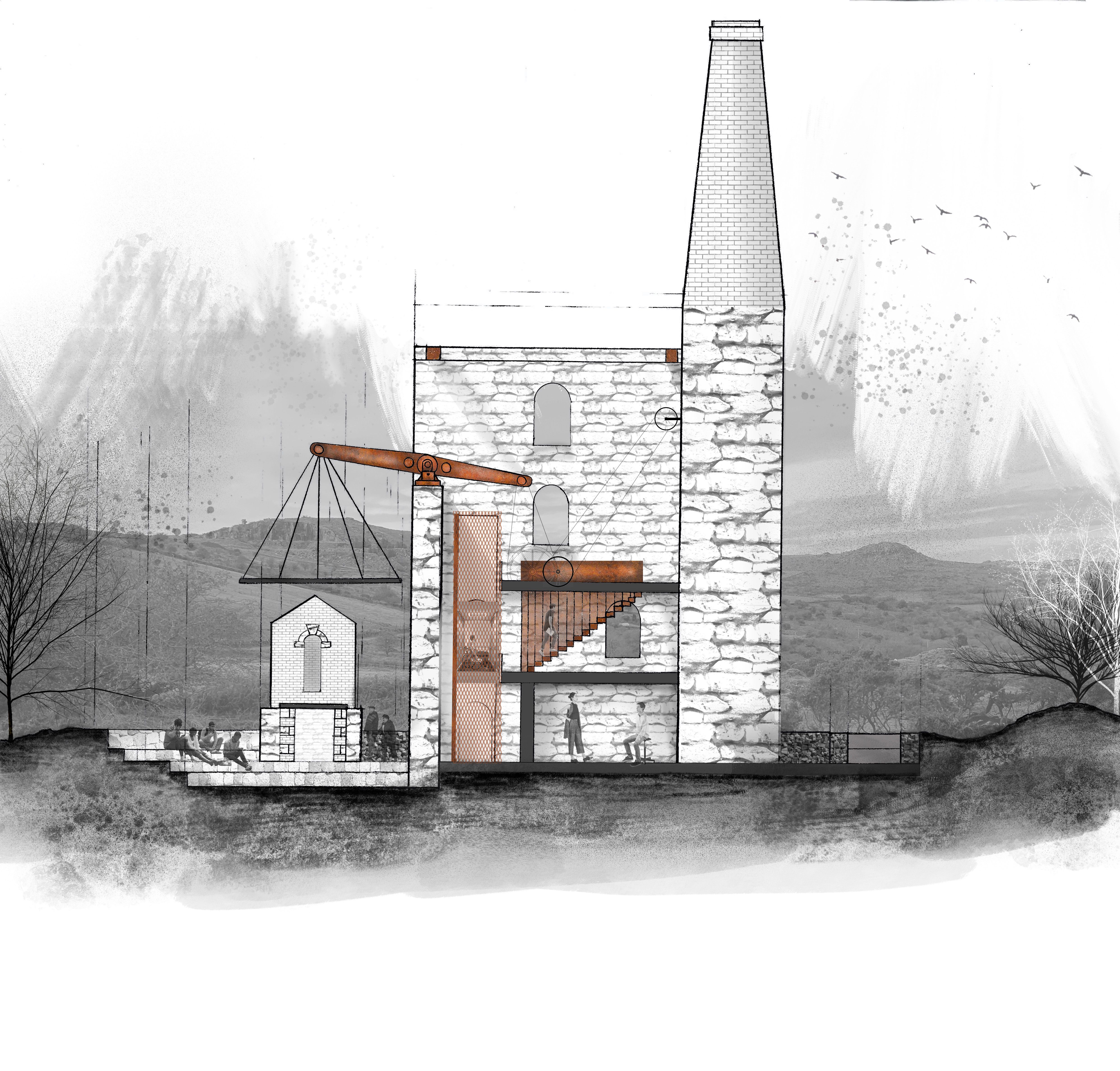 1:50 Scale Section Hand drawn rendered in Photoshop and Procreate
