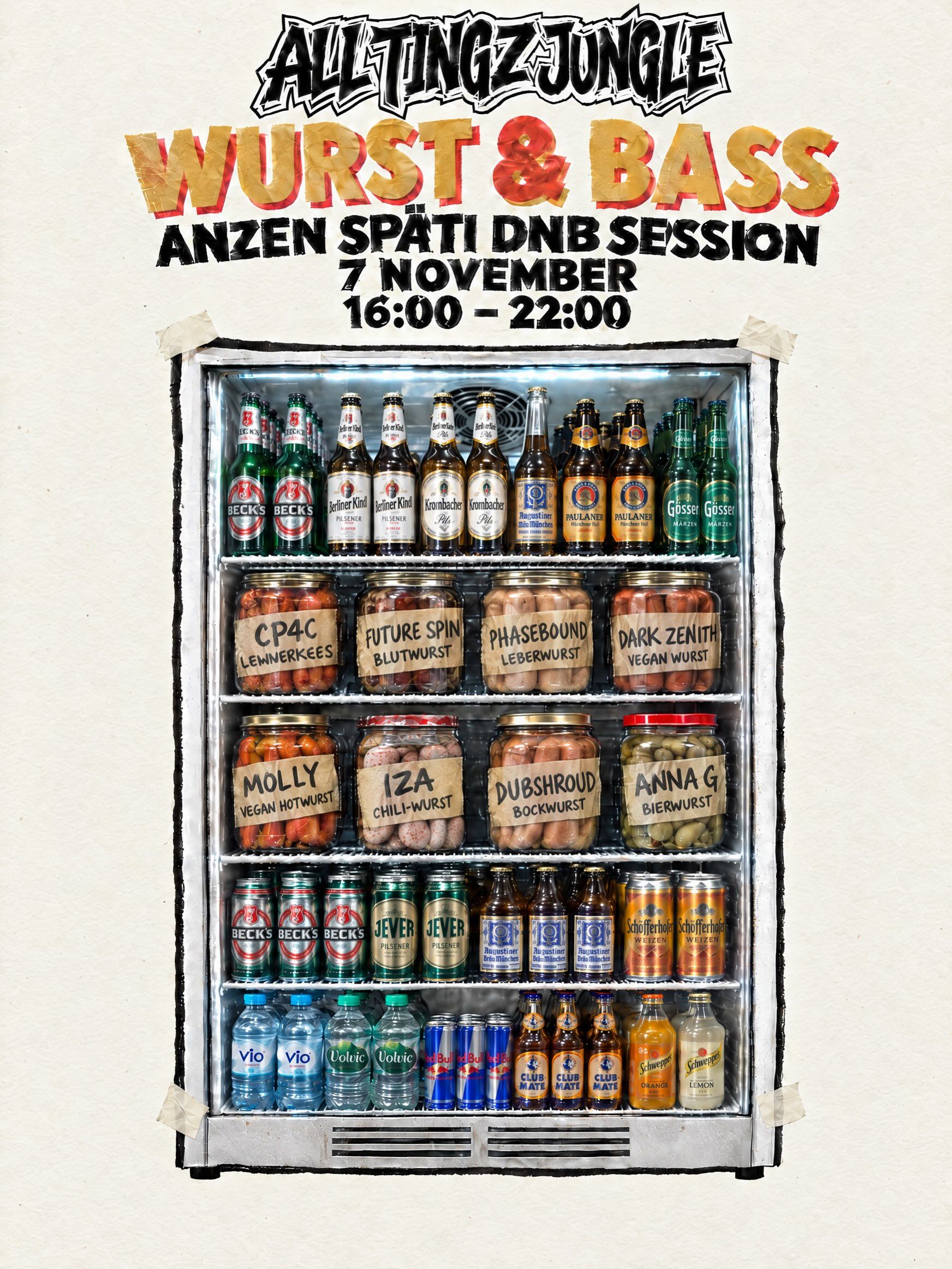 Wurst & Bass × AllTingzJungle poster: a Späti drinks fridge with sausage jars labelled with each DJ's name, 7 November, 16:00–22:00