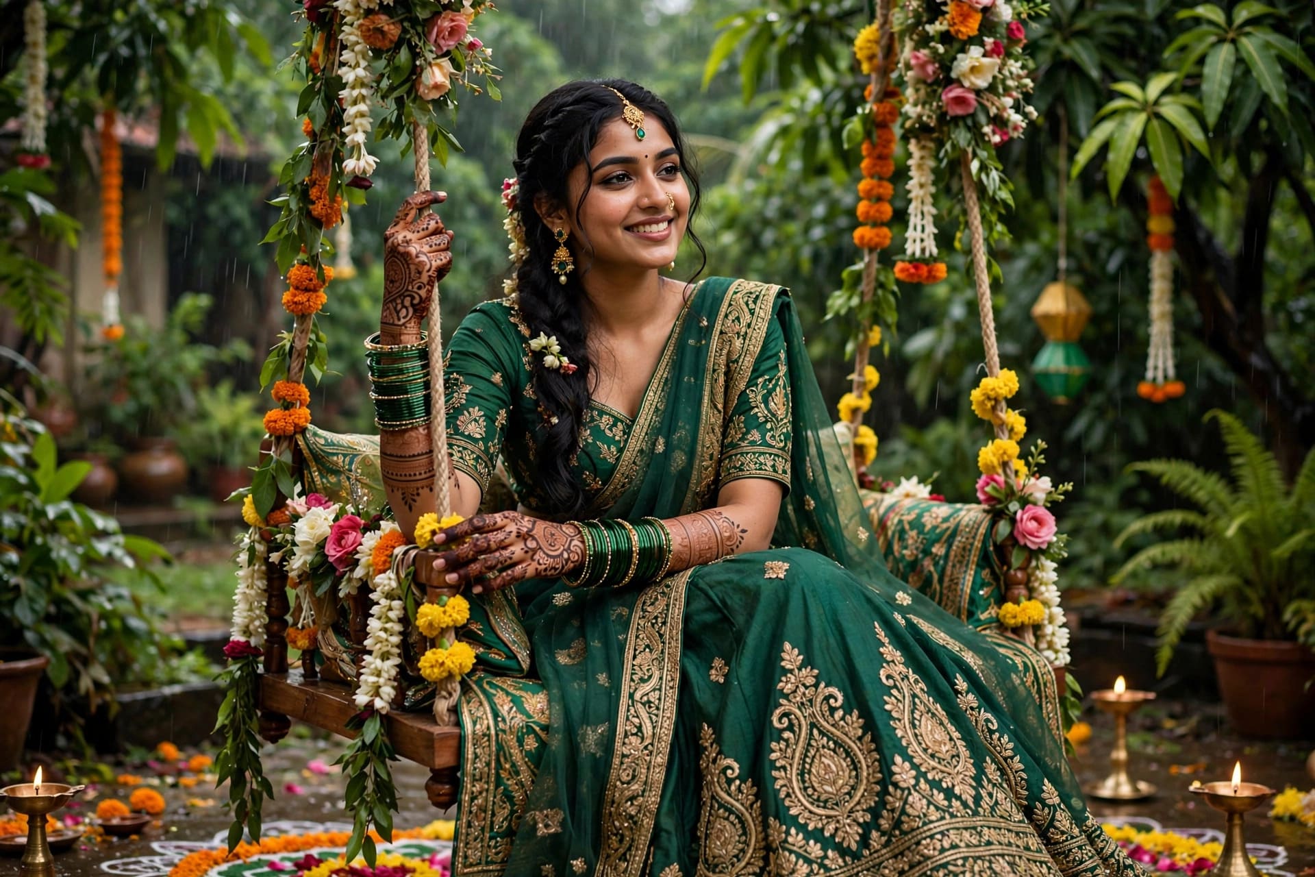 VIRAL HARIYALI TEEJ GREEN LEHENGA JHULA LOOK