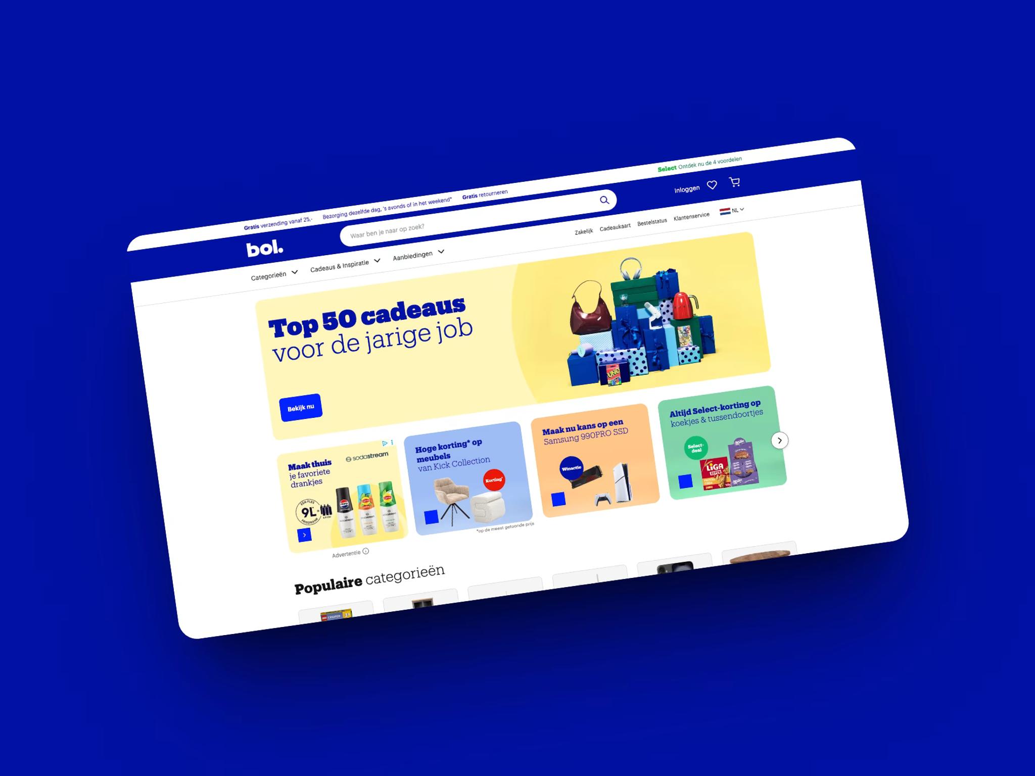 Homepagina van bol.com, de grootste marktplaats om op te verkopen in Nederland en België