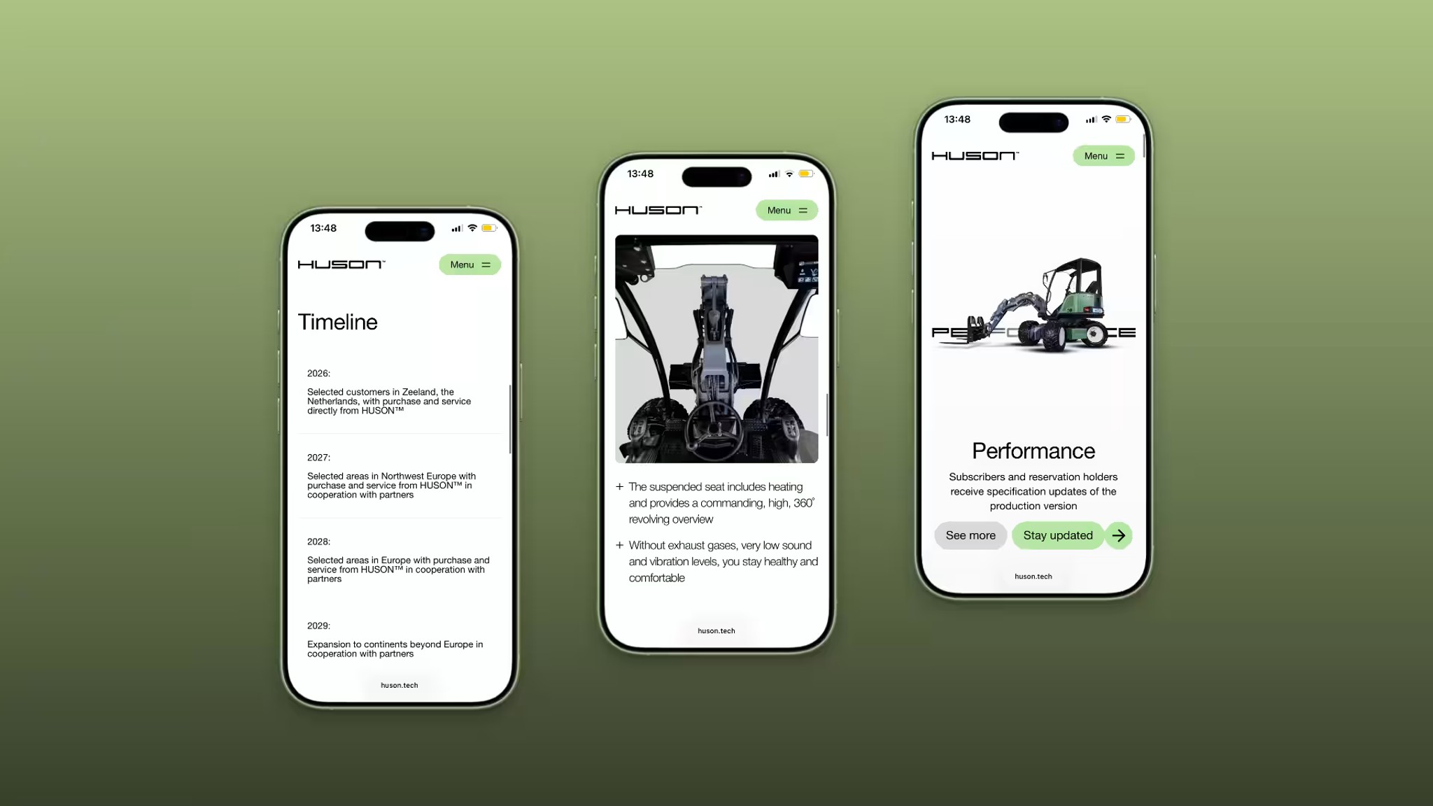 Drie mobiele pagina's van de Huson-website: tijdlijn, cabine en prestaties