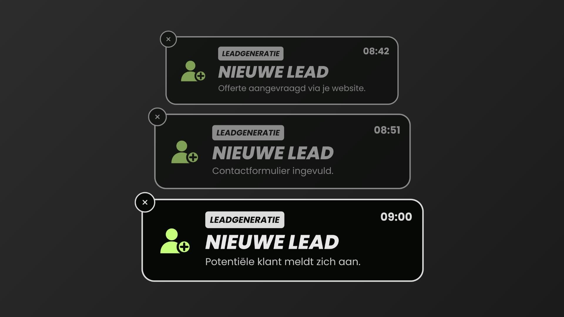 Drie meldingen 'Nieuwe lead' voor een offerteaanvraag, een contactformulier en een aanmelding
