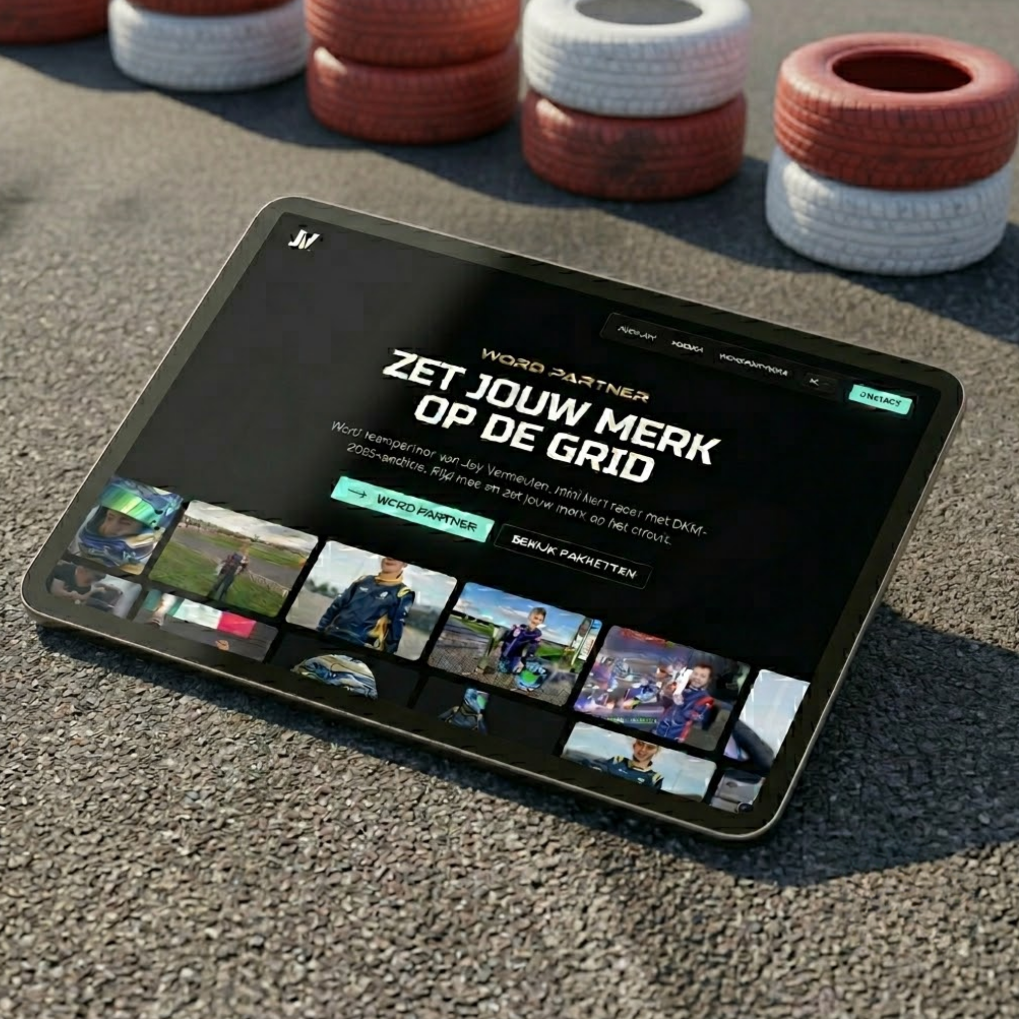 Website van Jay Vermeulen op een tablet tussen kartbanden