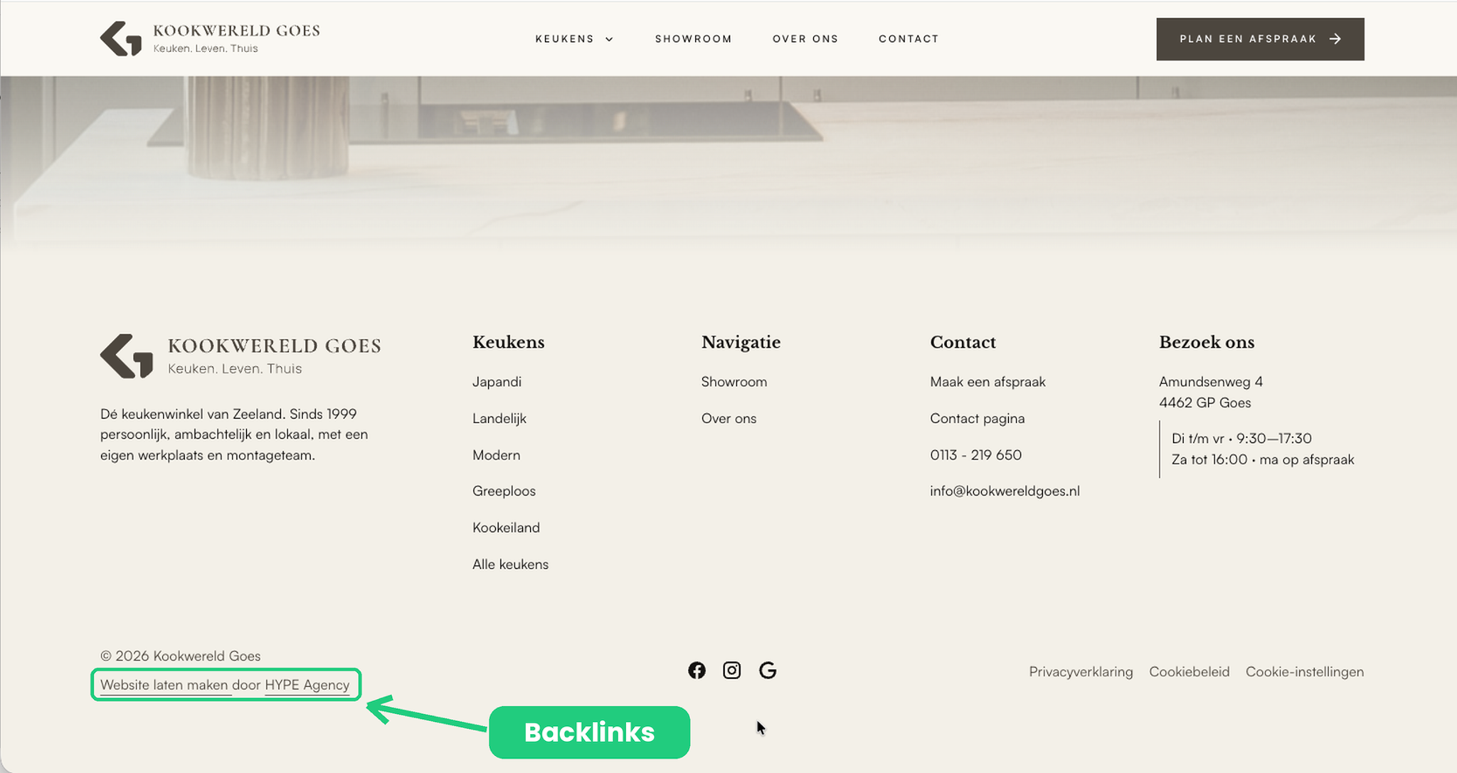 Voorbeeld van een backlink in de footer van de website van Kookwereld Goes, met de link Website laten maken door HYPE Agency