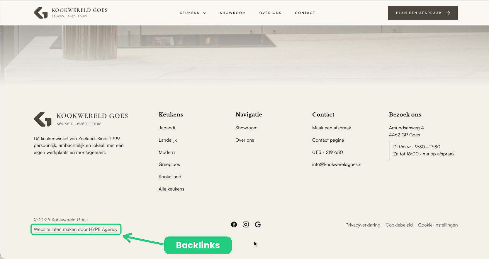 Voorbeeld van een backlink in de footer van de website van Kookwereld Goes, met de link Website laten maken door HYPE Agency