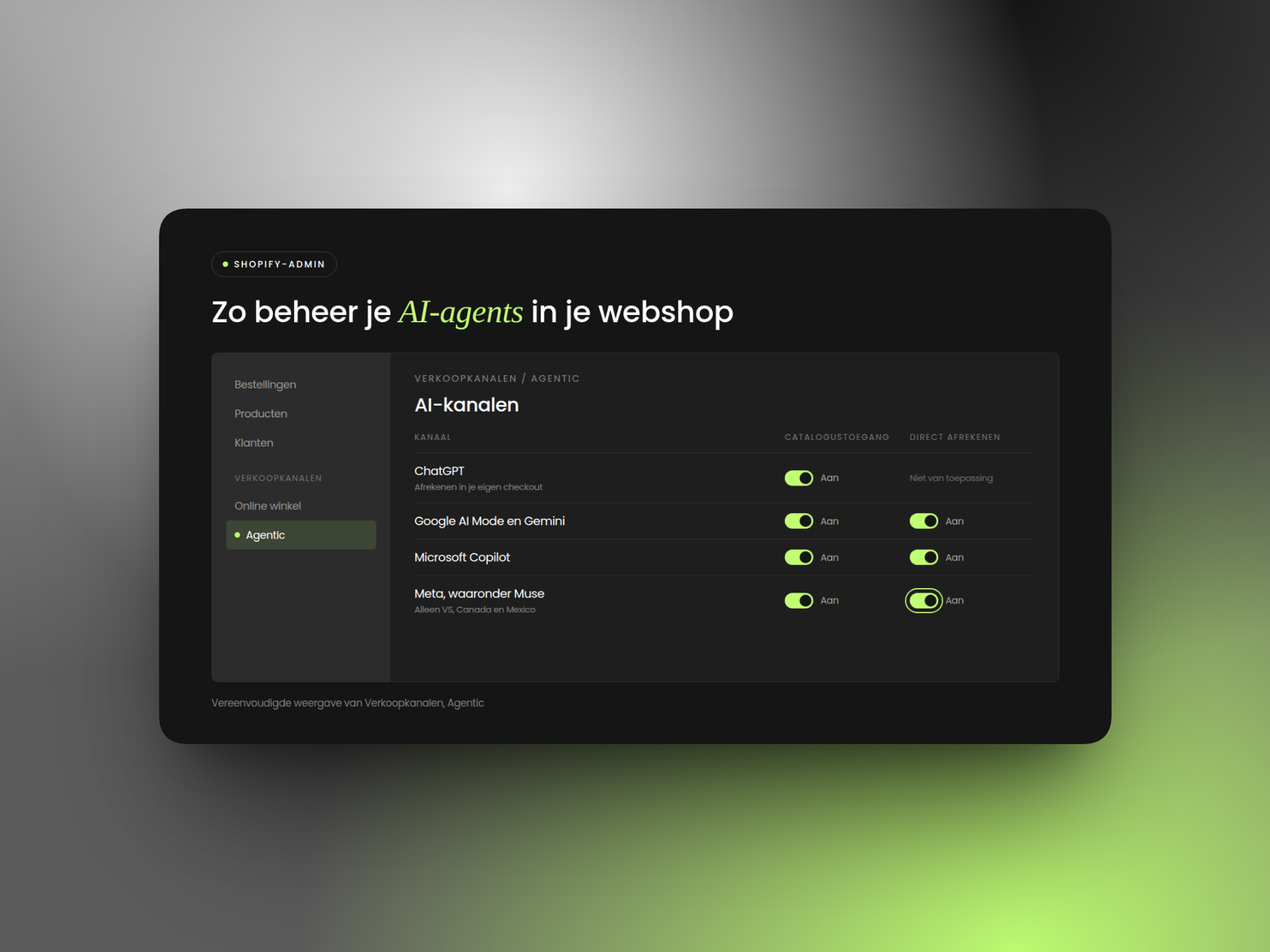Vereenvoudigde weergave van de Agentic-instellingen voor AI-agents en direct afrekenen in de Shopify-admin