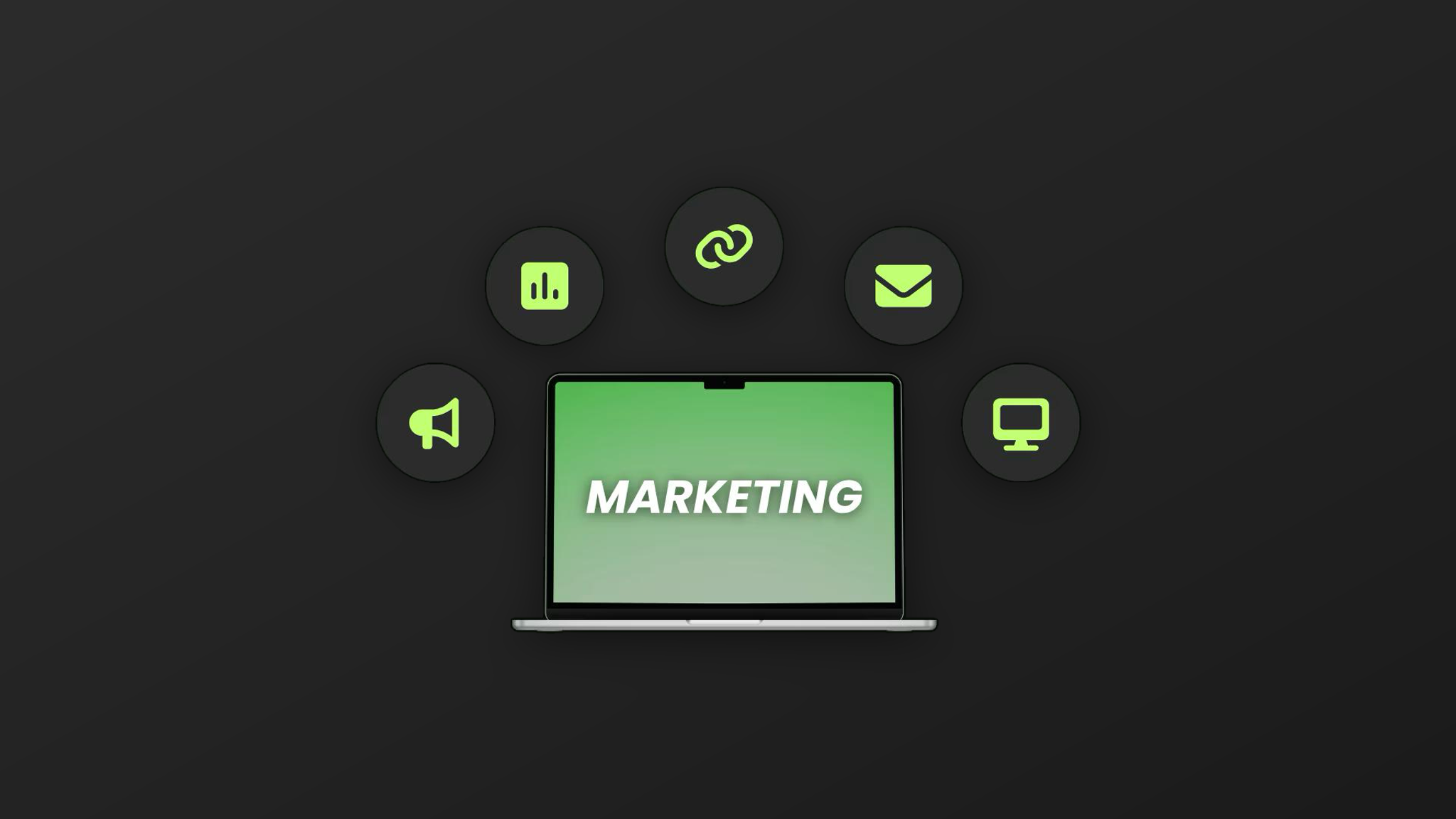 Laptop met 'Marketing' op het scherm, omringd door iconen voor advertenties, data, links, e-mail en websites