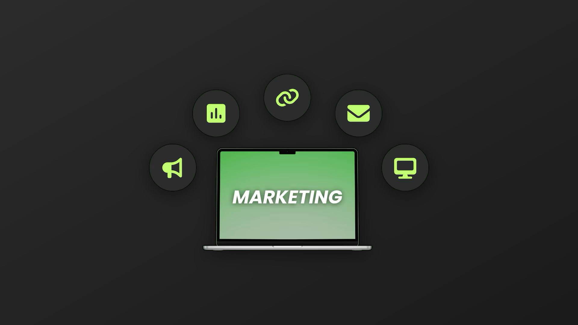 Laptop met 'Marketing' op het scherm, omringd door iconen voor advertenties, data, links, e-mail en websites