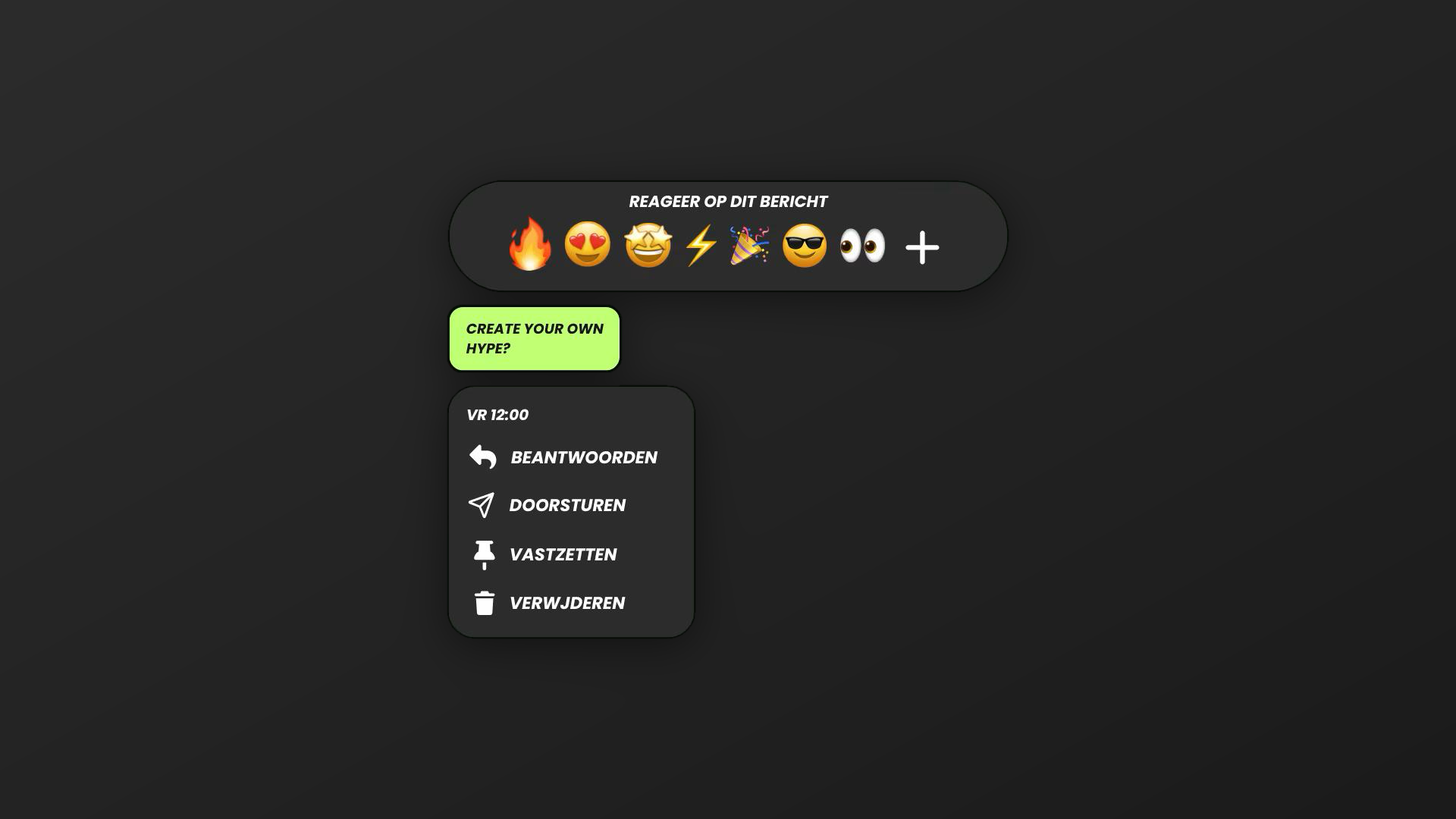 Chatbericht met emoji-reacties en een menu om te beantwoorden, door te sturen, vast te zetten of te verwijderen