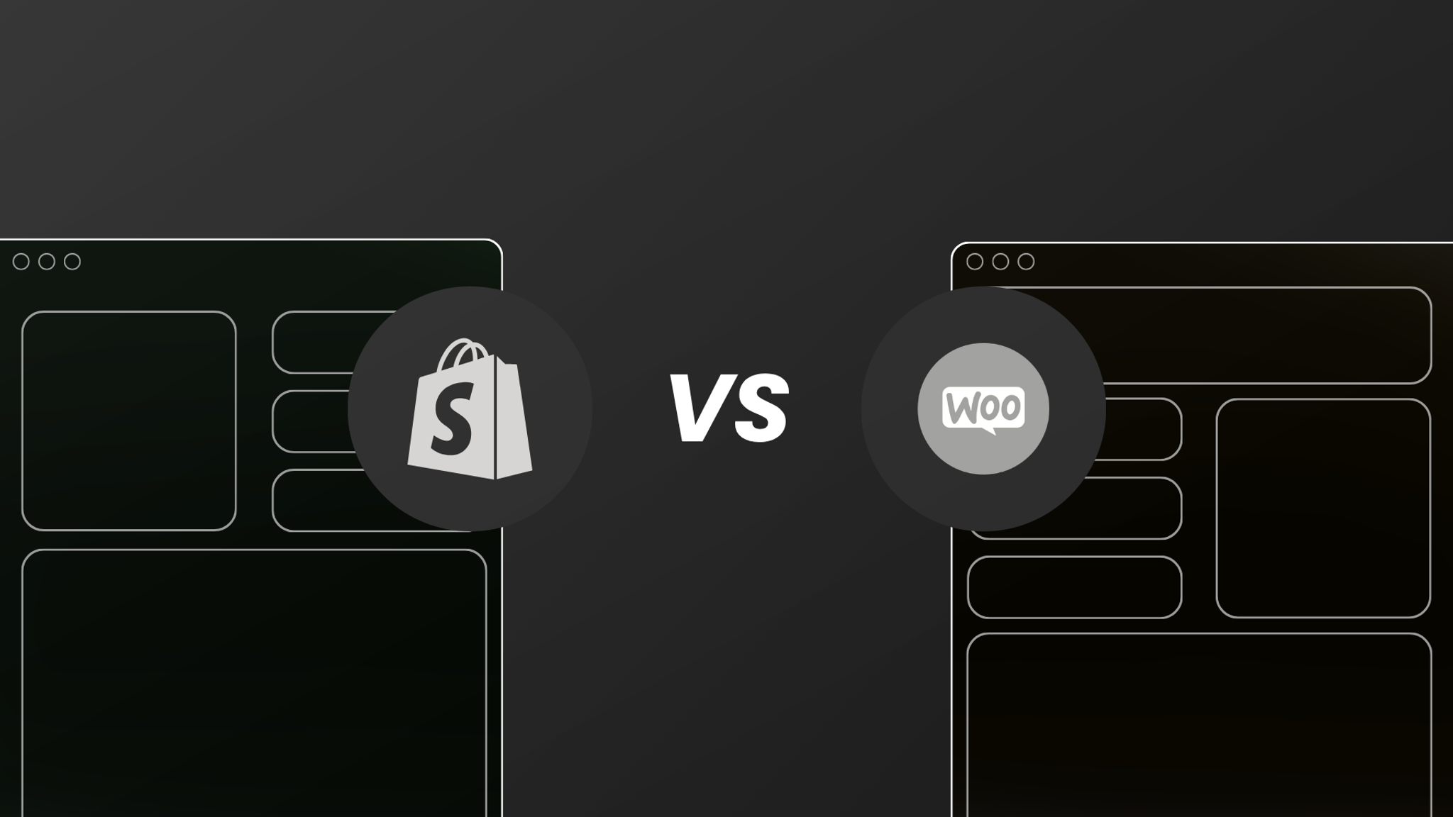 Shopify-logo tegenover het WooCommerce-logo, met twee webshopschermen op de achtergrond