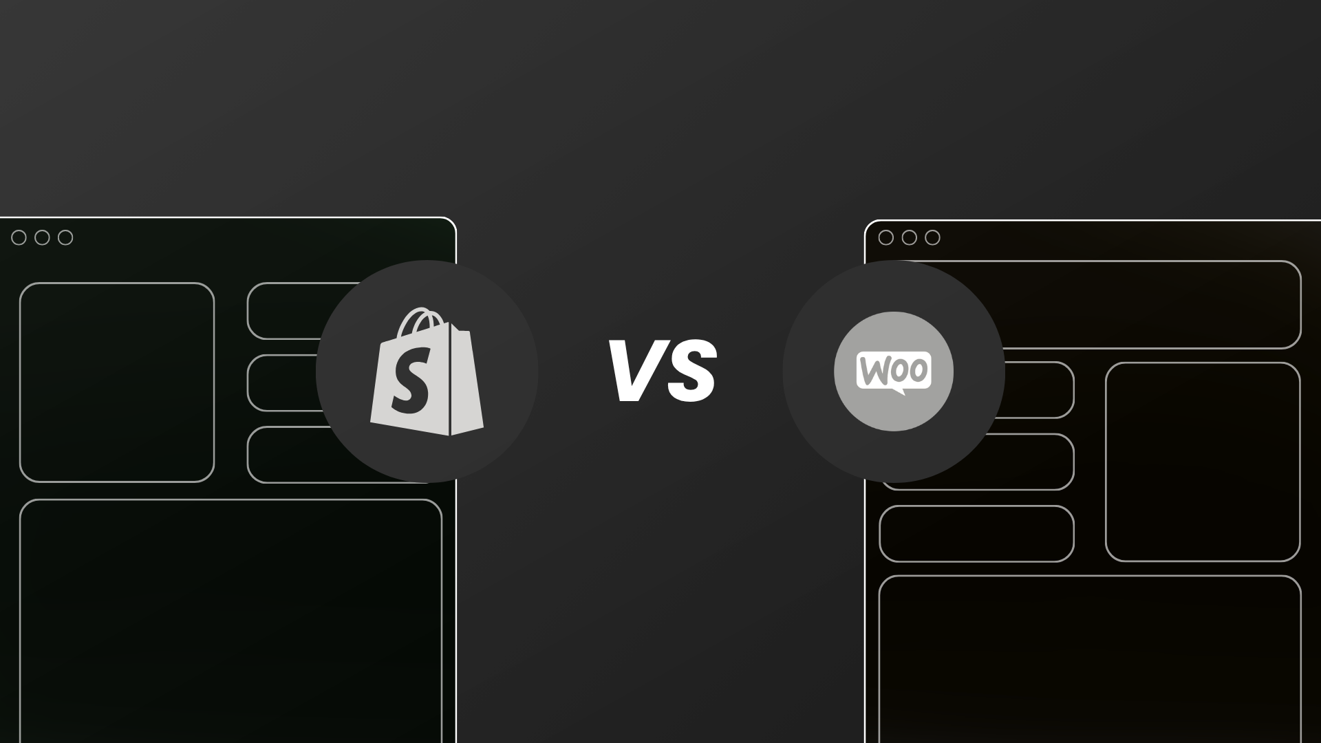 Shopify-logo tegenover het WooCommerce-logo, met twee webshopschermen op de achtergrond