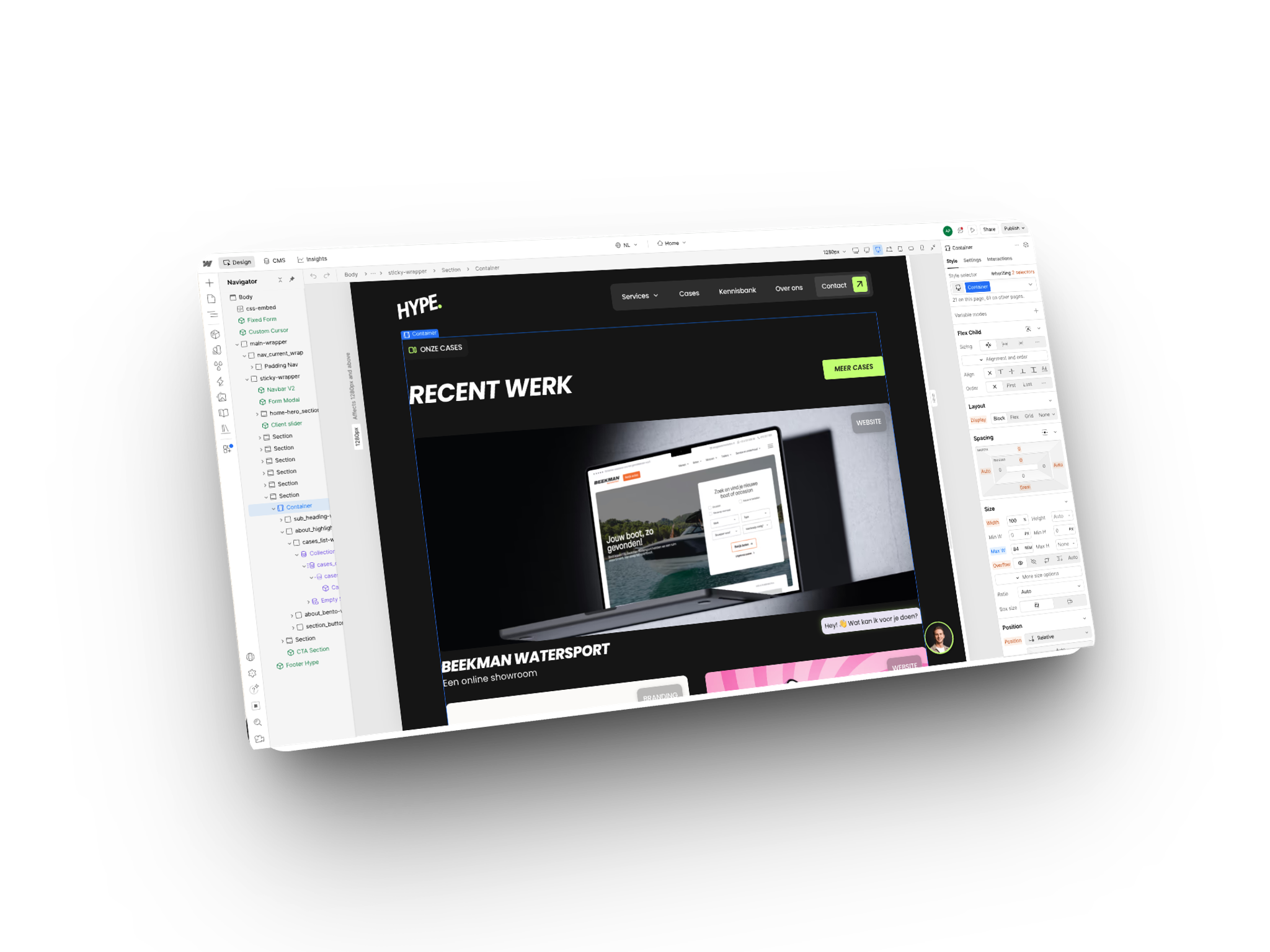 De designer omgeving in Webflow