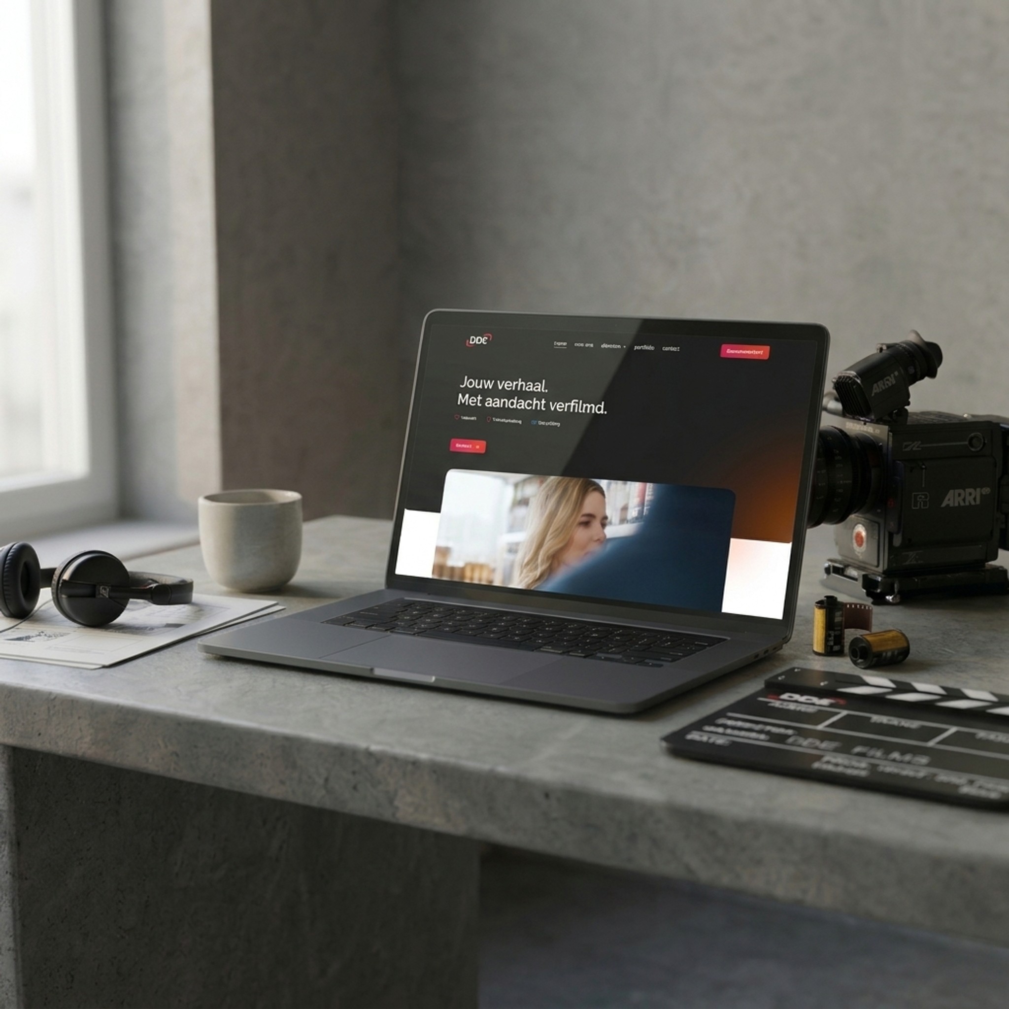 Website van DDE op een laptop naast een camera