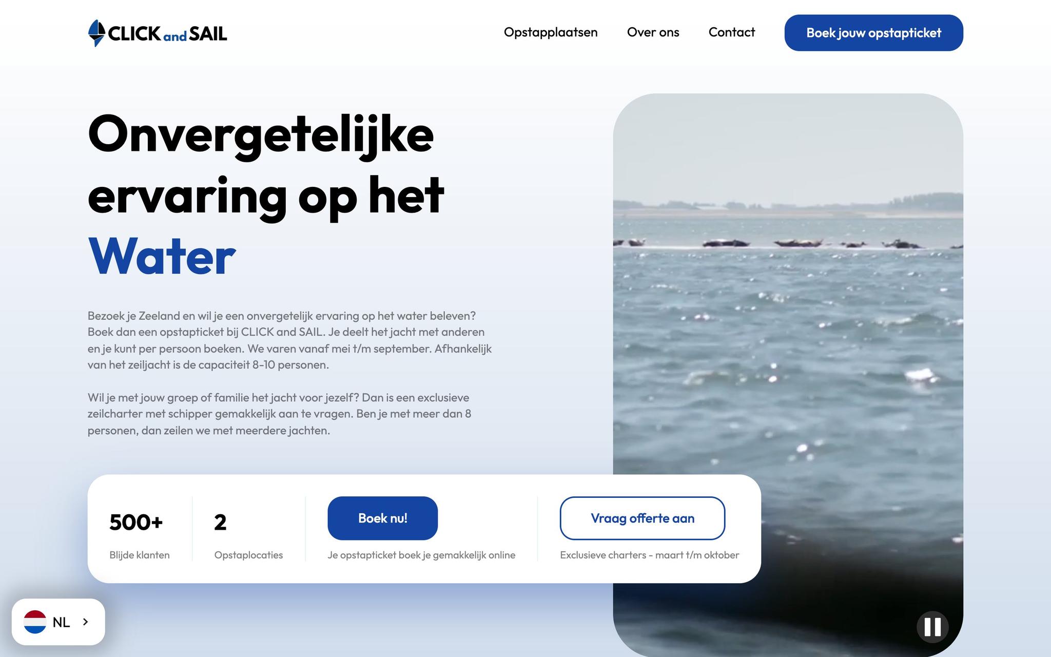 Homepage van de website van Click and Sail