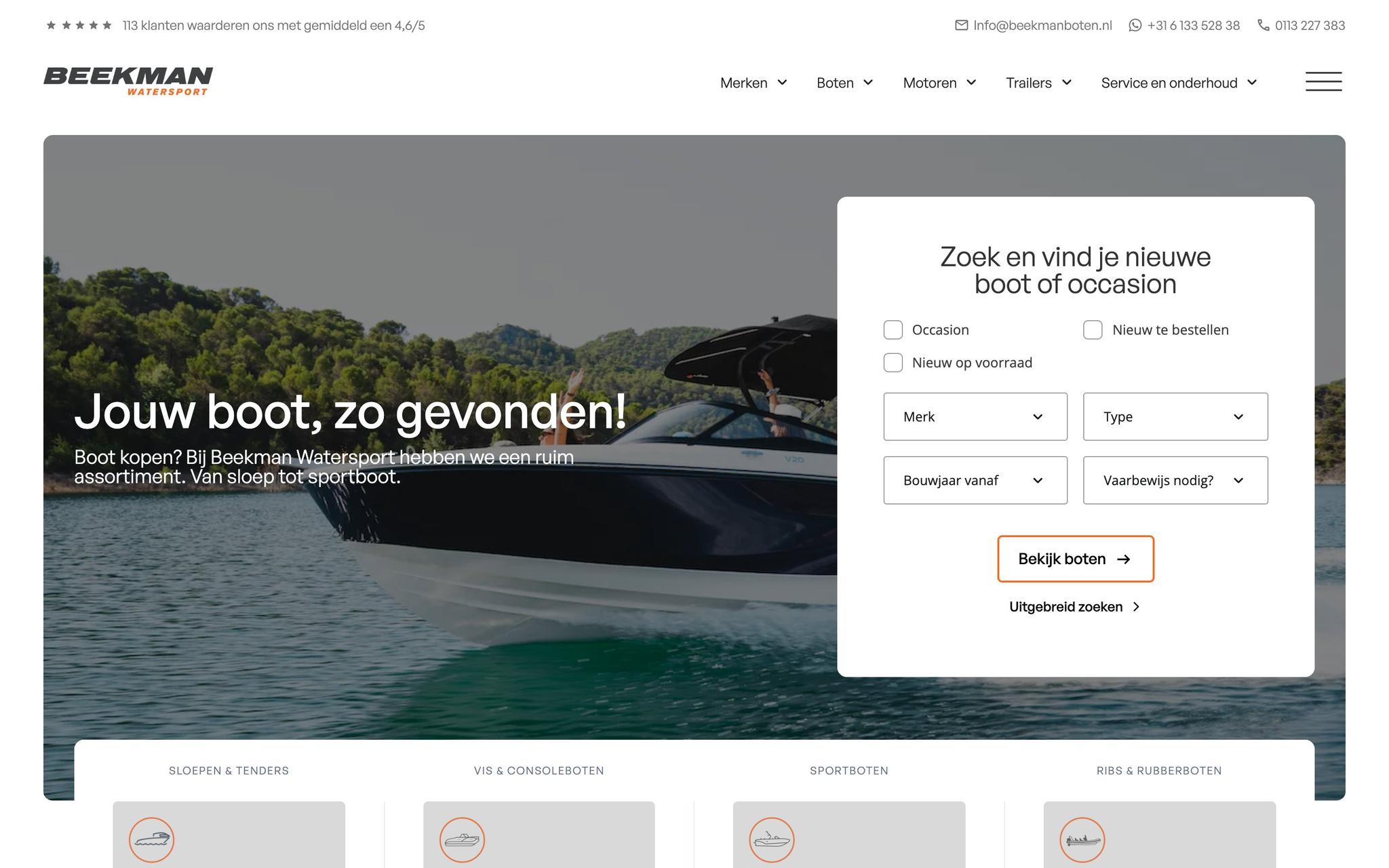 Homepage van de website van Beekman Watersport