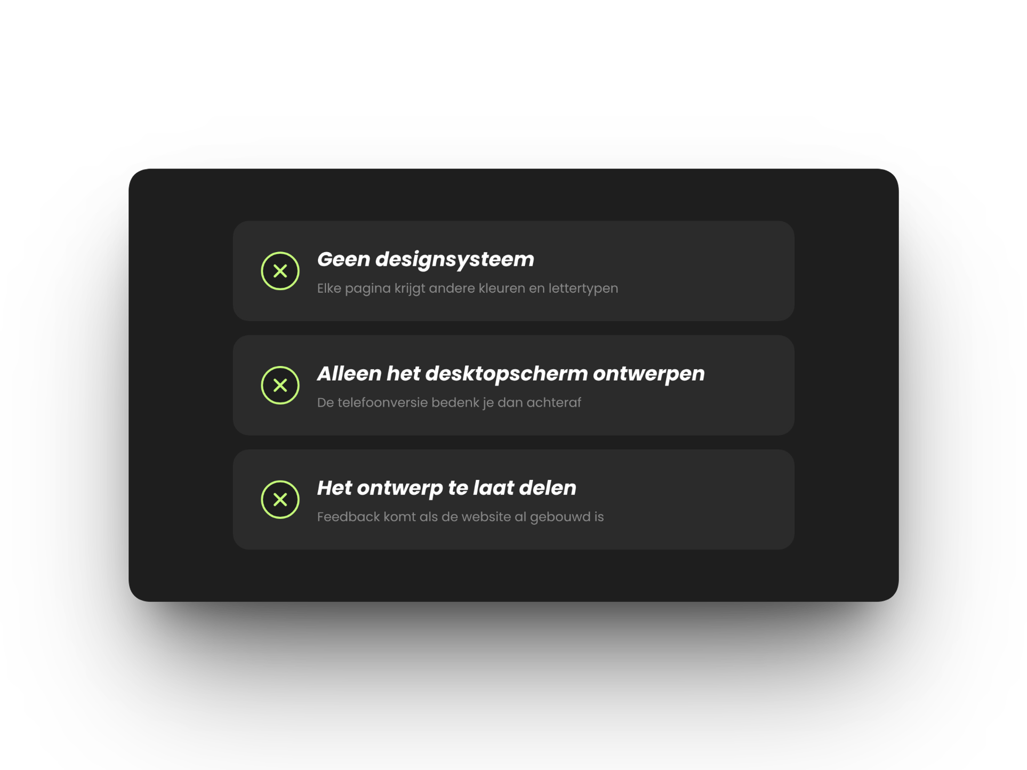 Drie veelgemaakte fouten met Figma, namelijk geen designsysteem, alleen het desktopscherm ontwerpen en het ontwerp te laat delen met de klant.