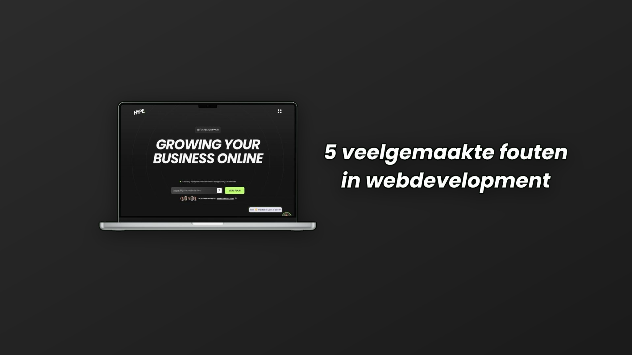 Laptop met een website naast de tekst '5 veelgemaakte fouten in webdevelopment'