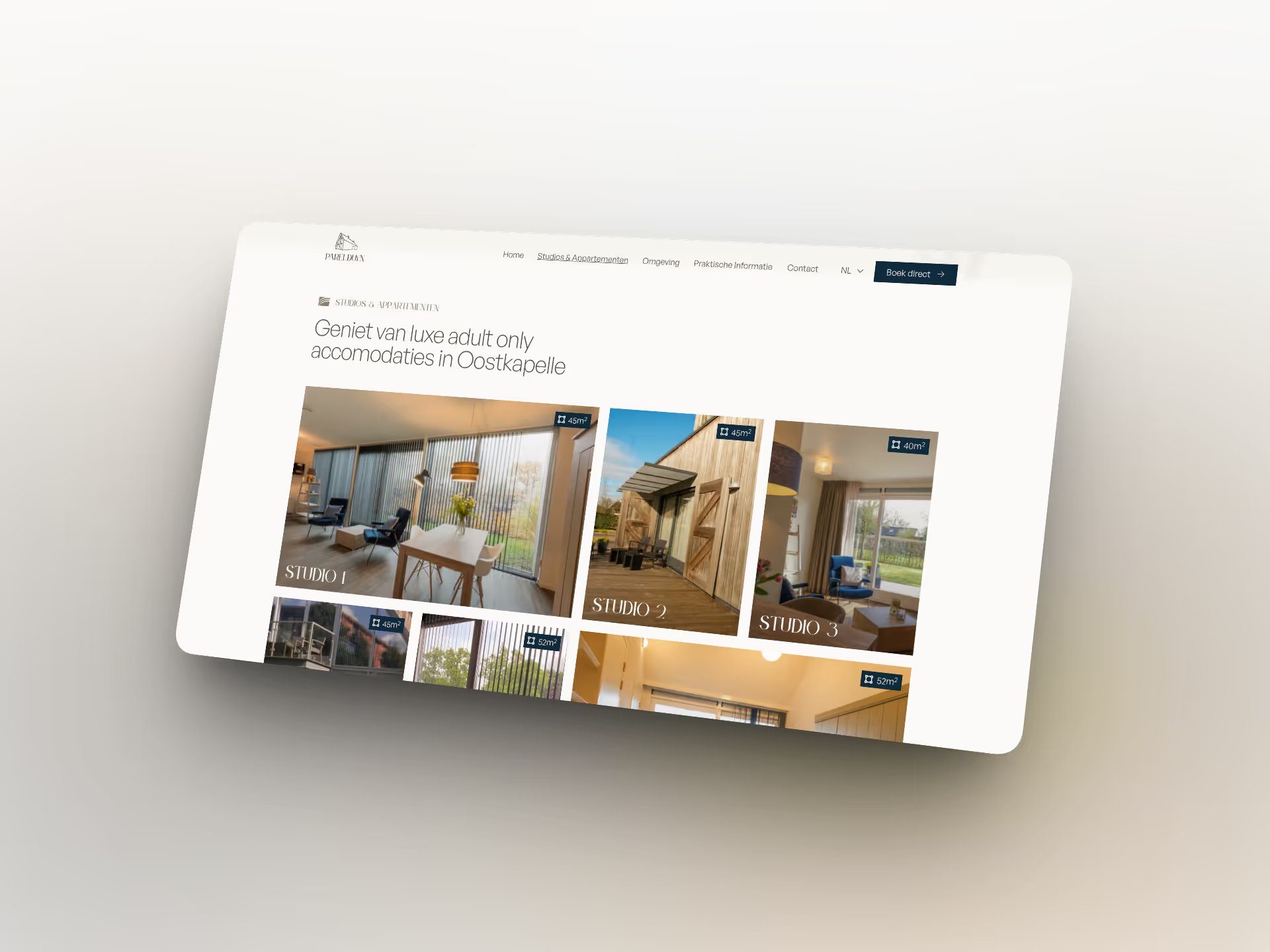 UX design voorbeeld: overzicht van alle accommodaties op de website van ParelDuyn met duidelijke kaarten per studio en appartement