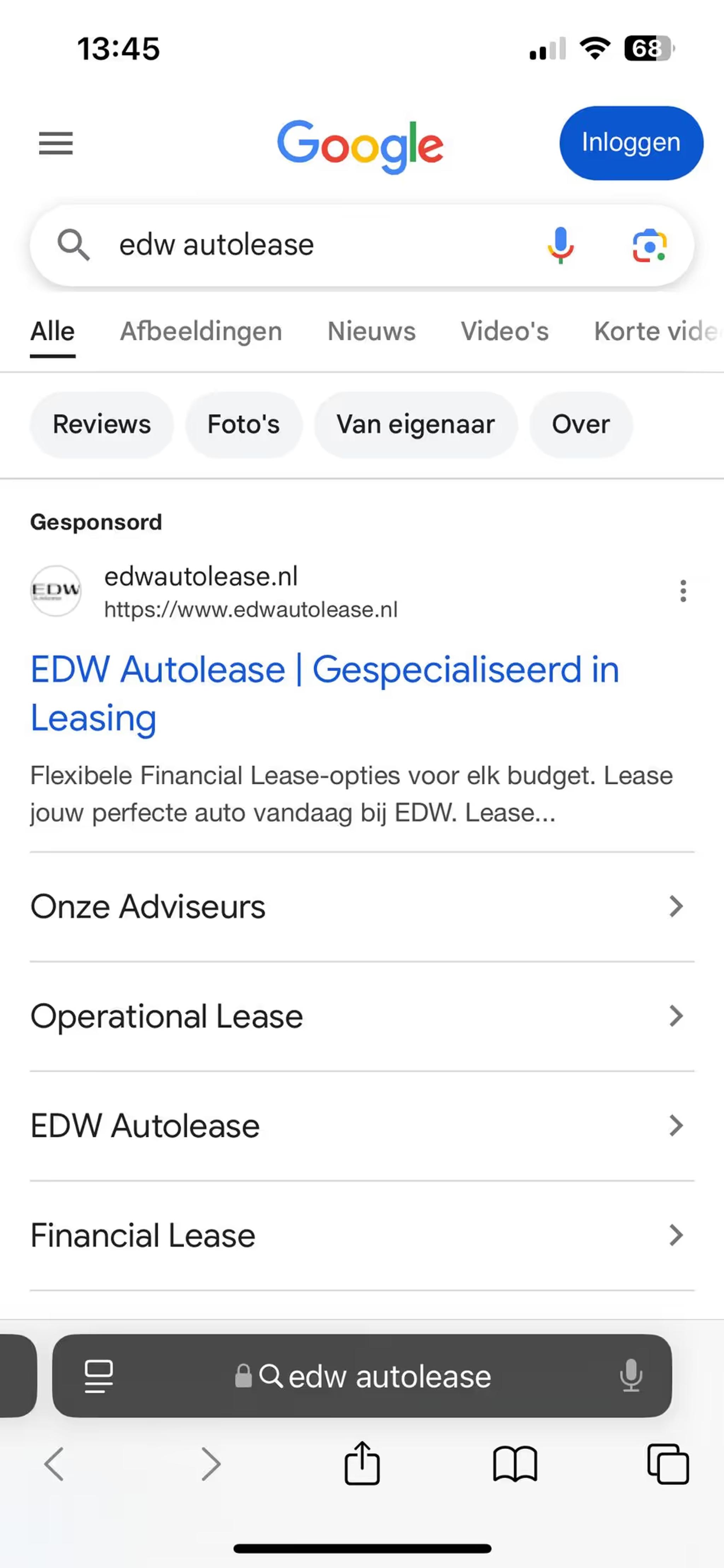 SEA resultaat van EDW Autolease op Google