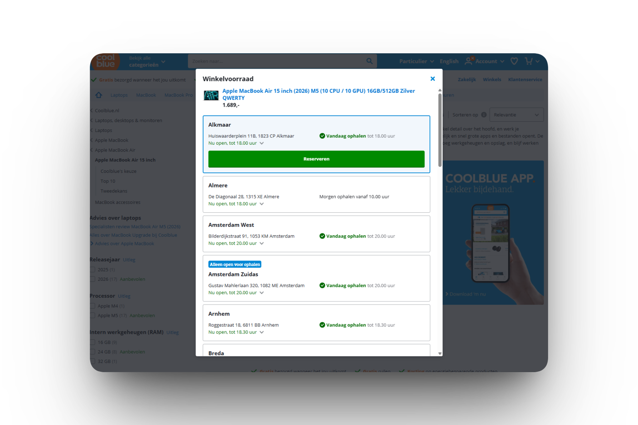 voorbeeld van omnichannel met winkelvoorraad per winkel op een productpagina van Coolblue