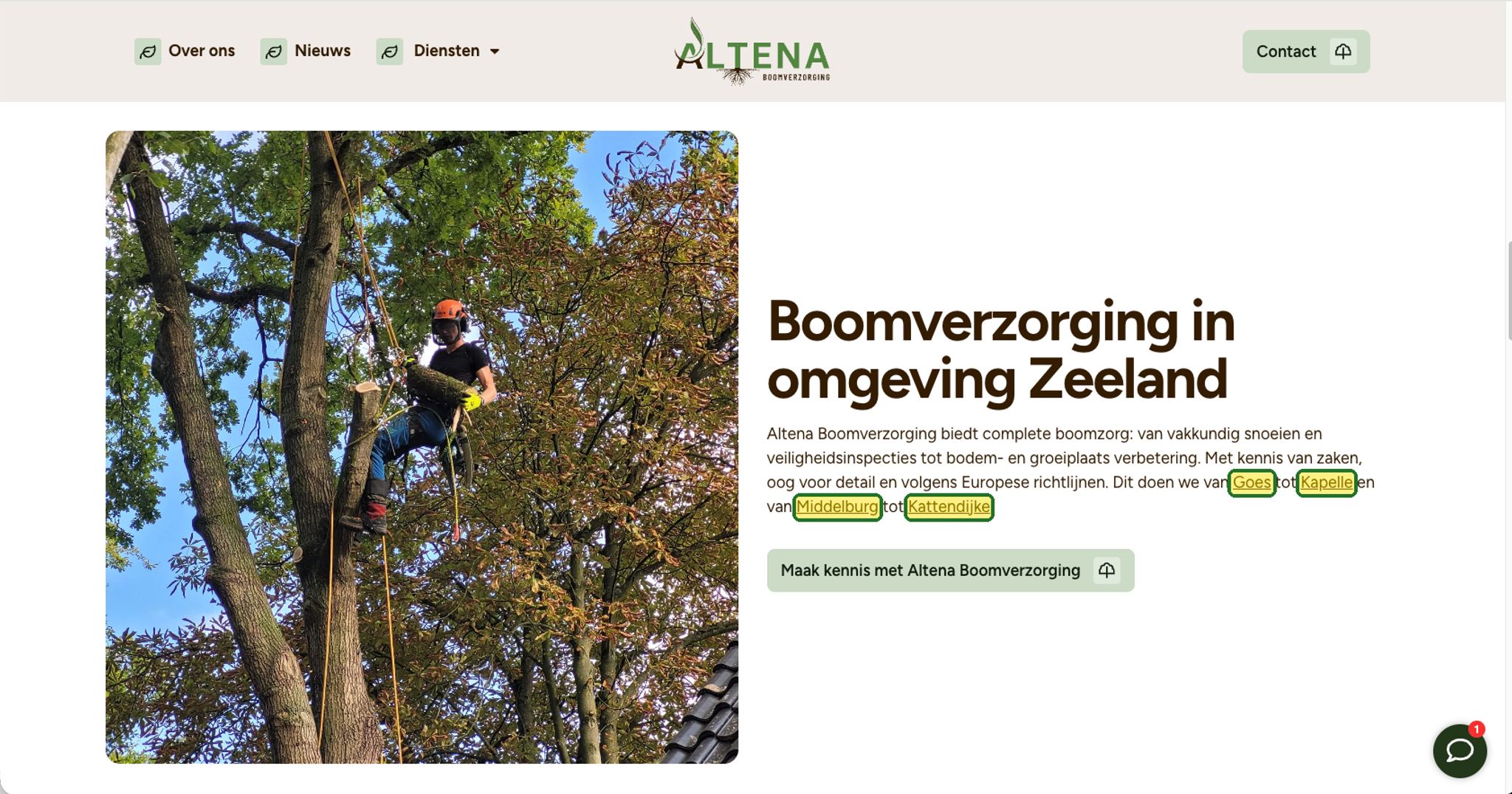 Voorbeeld van interne links met de plaatsnamen Goes, Kapelle, Middelburg en Kattendijke op de homepage van Altena Boomverzorging