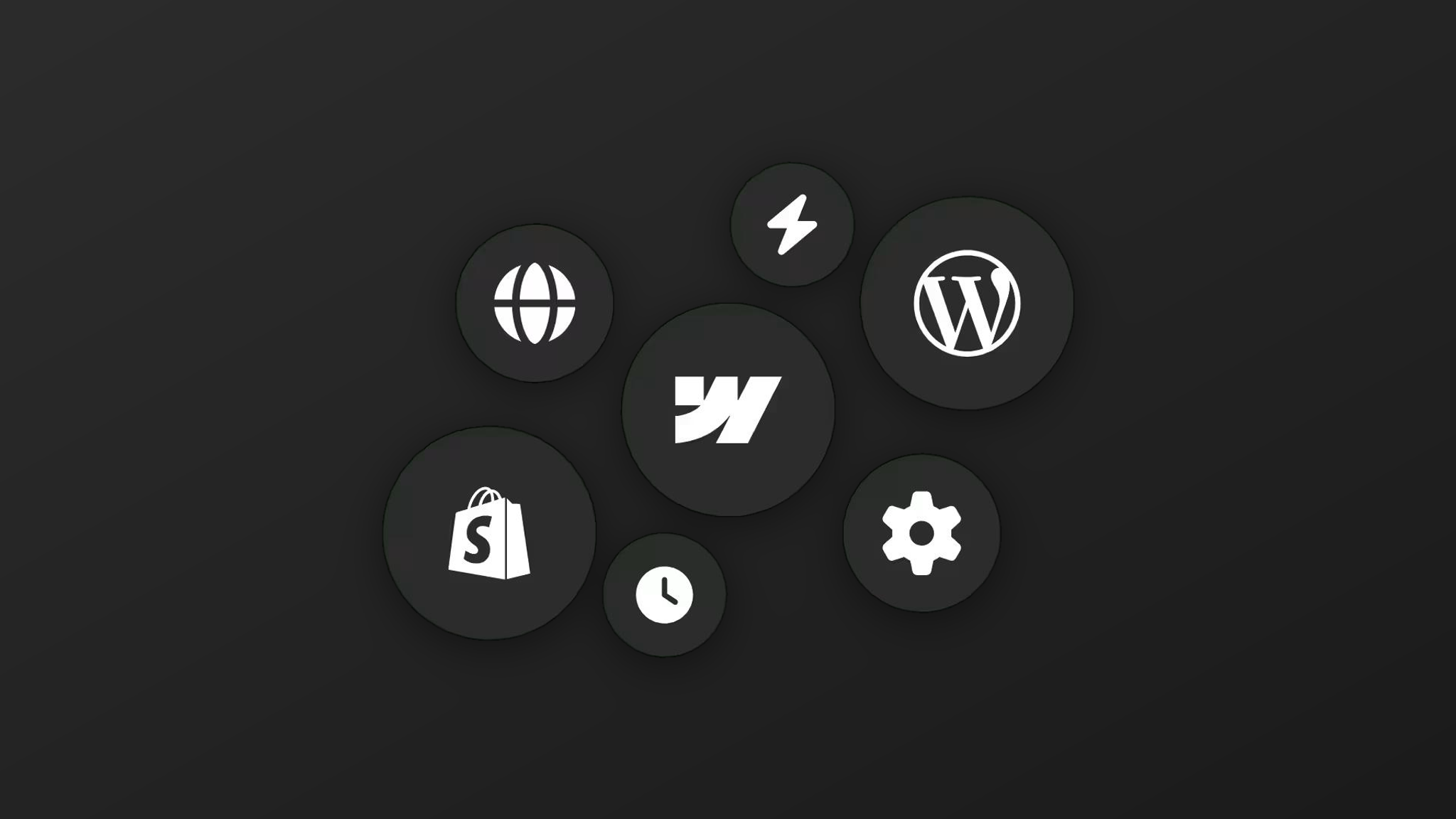 Iconen van Webflow, WordPress, Shopify en websitefuncties rond elkaar