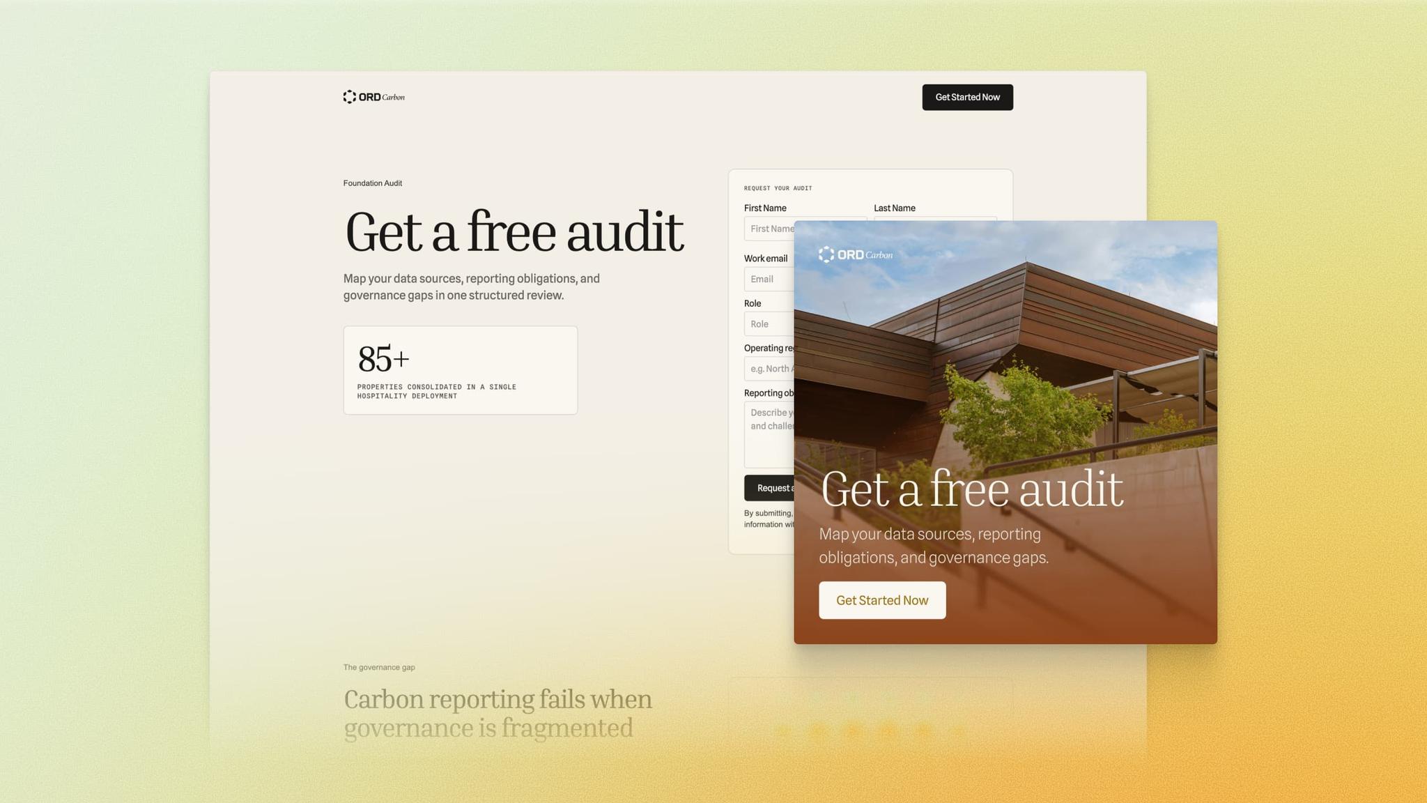 Voorbeeld uit Webflow Campaigns: een landingspagina met aanvraagformulier en een bijpassende advertentie in dezelfde huisstijl