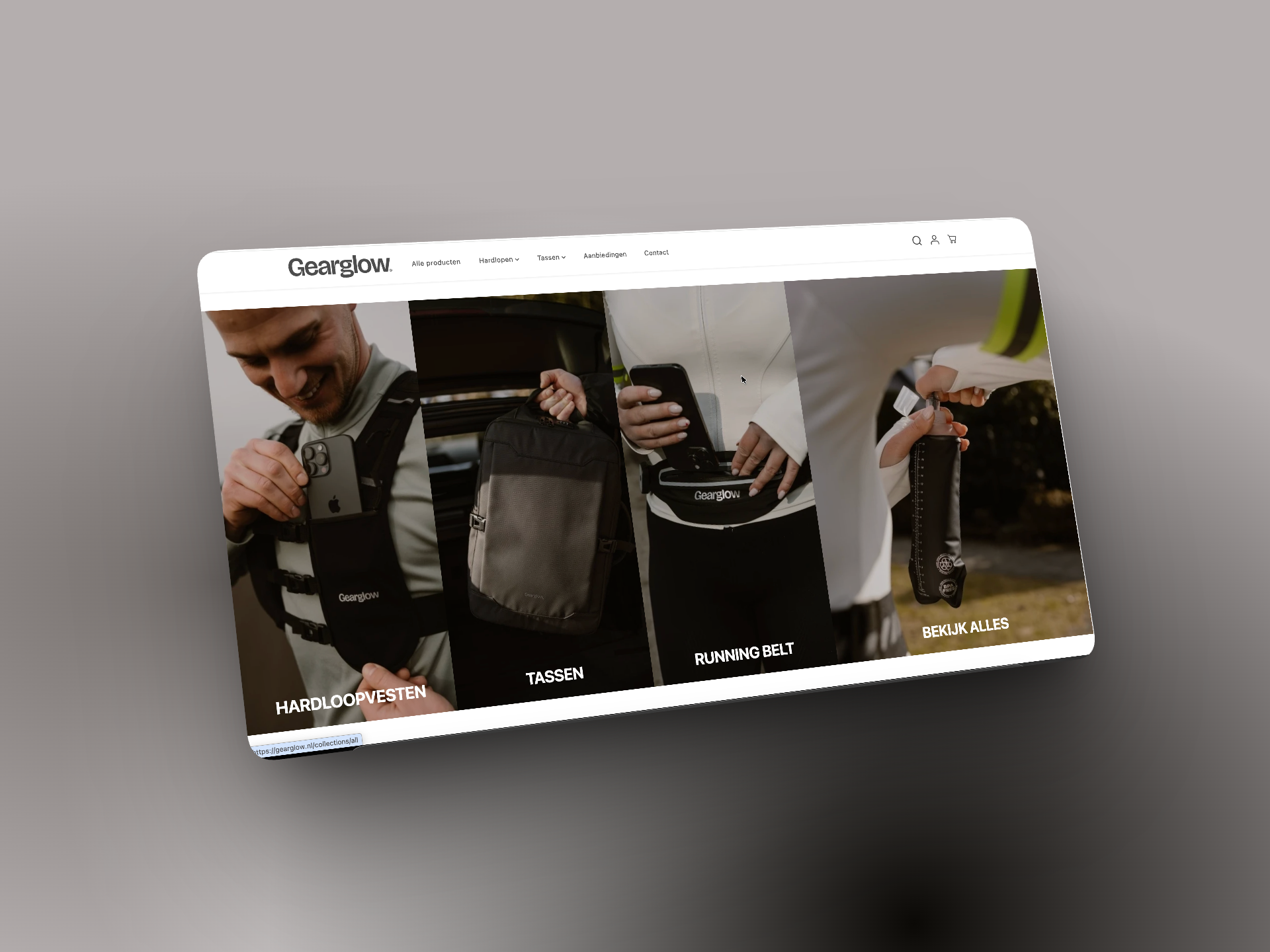 Homepage van de GearGlow webshop in een browser
