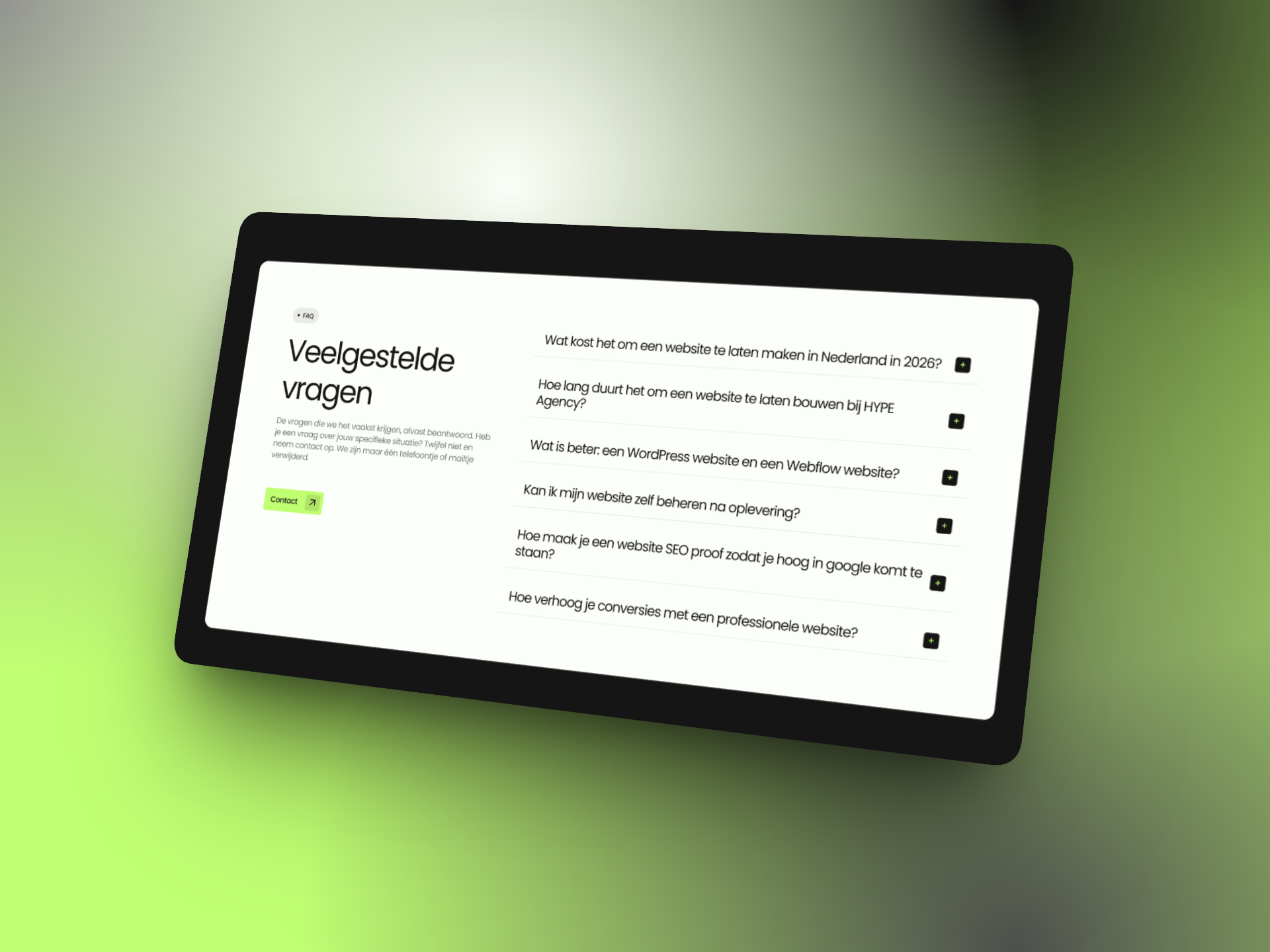 De FAQ lijst van HYPE Agency op de website laten maken page