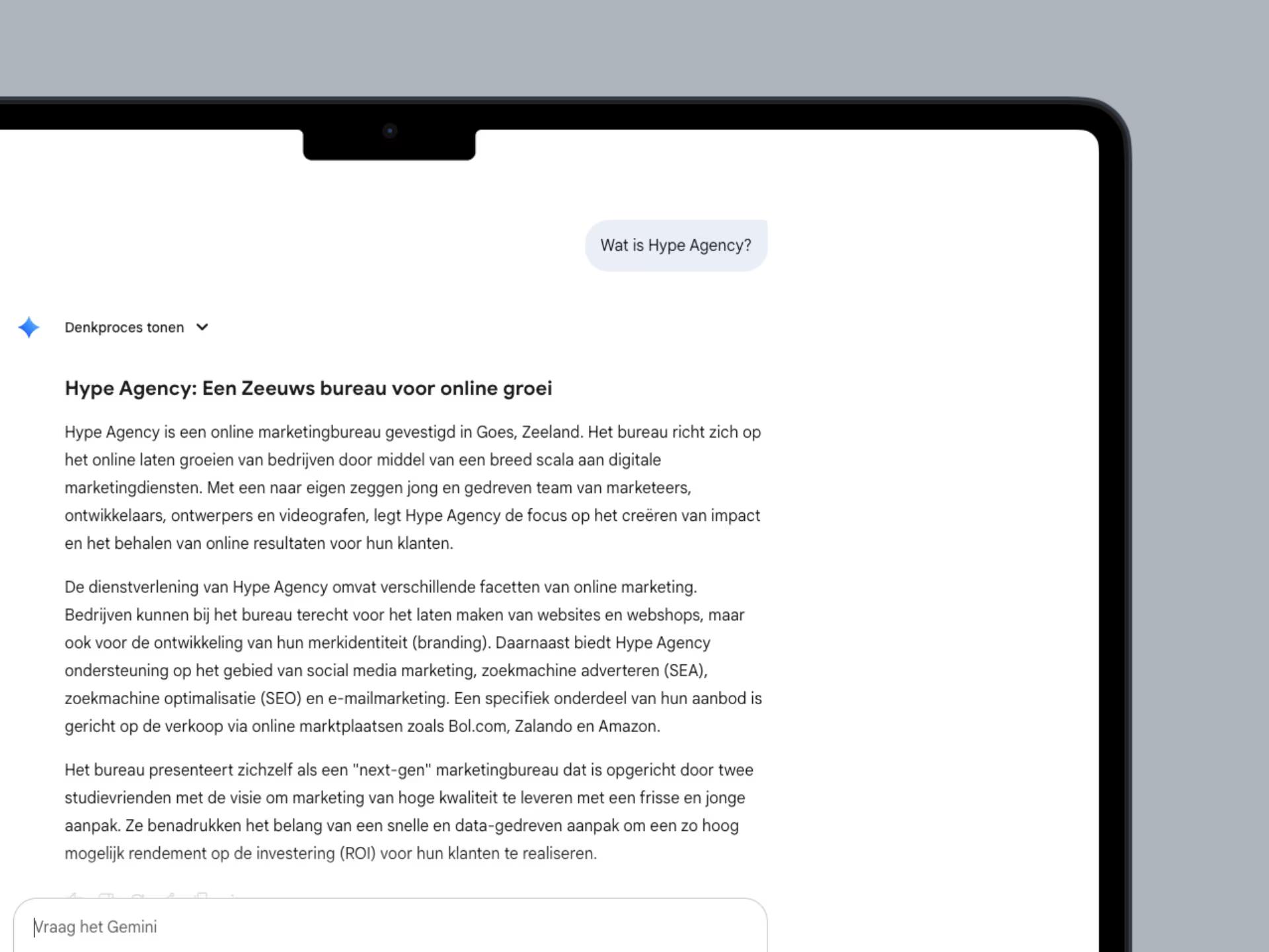 Dashboard van Google Gemini als voorbeeld van AI in online marketing