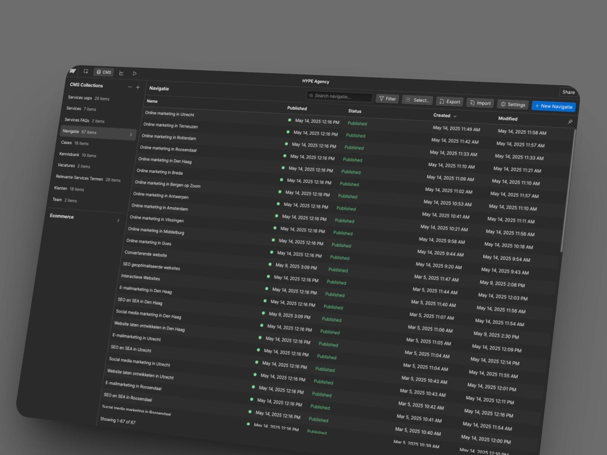 Webflow CMS waarin blogartikelen worden beheerd