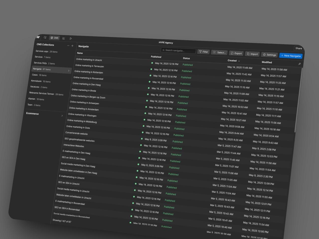 Webflow CMS waarin blogartikelen worden beheerd