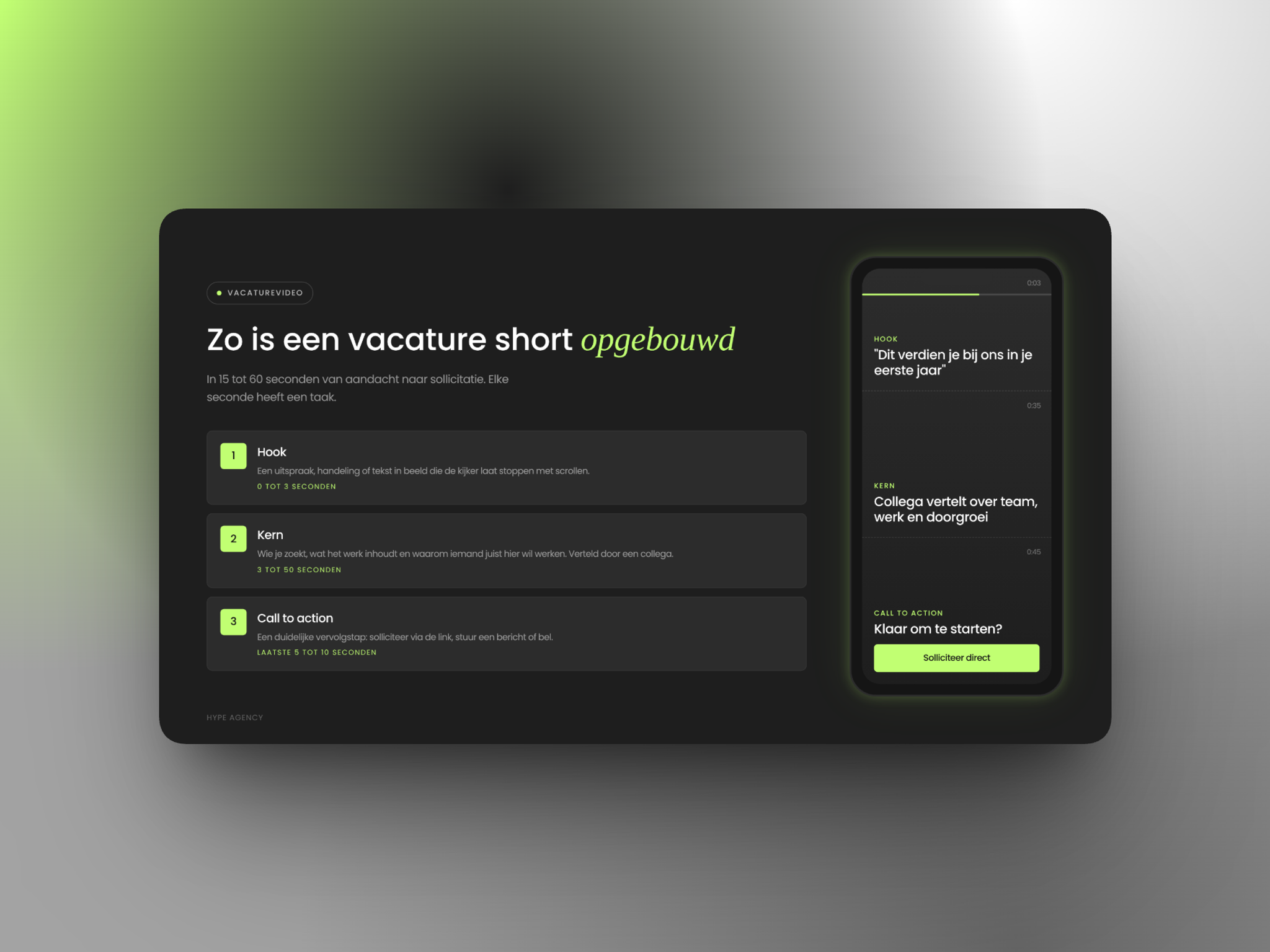 Opbouw van een vacature short in drie stappen: hook, kern en call to action, naast een telefoonscherm