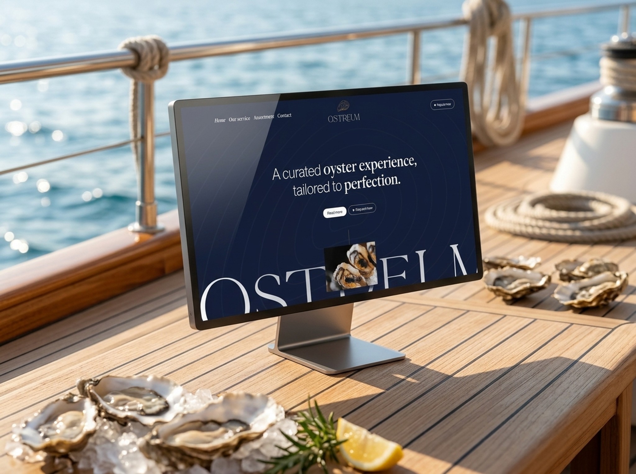 Mobiele website van Ostreum op het dek van een jacht, met oesters ernaast