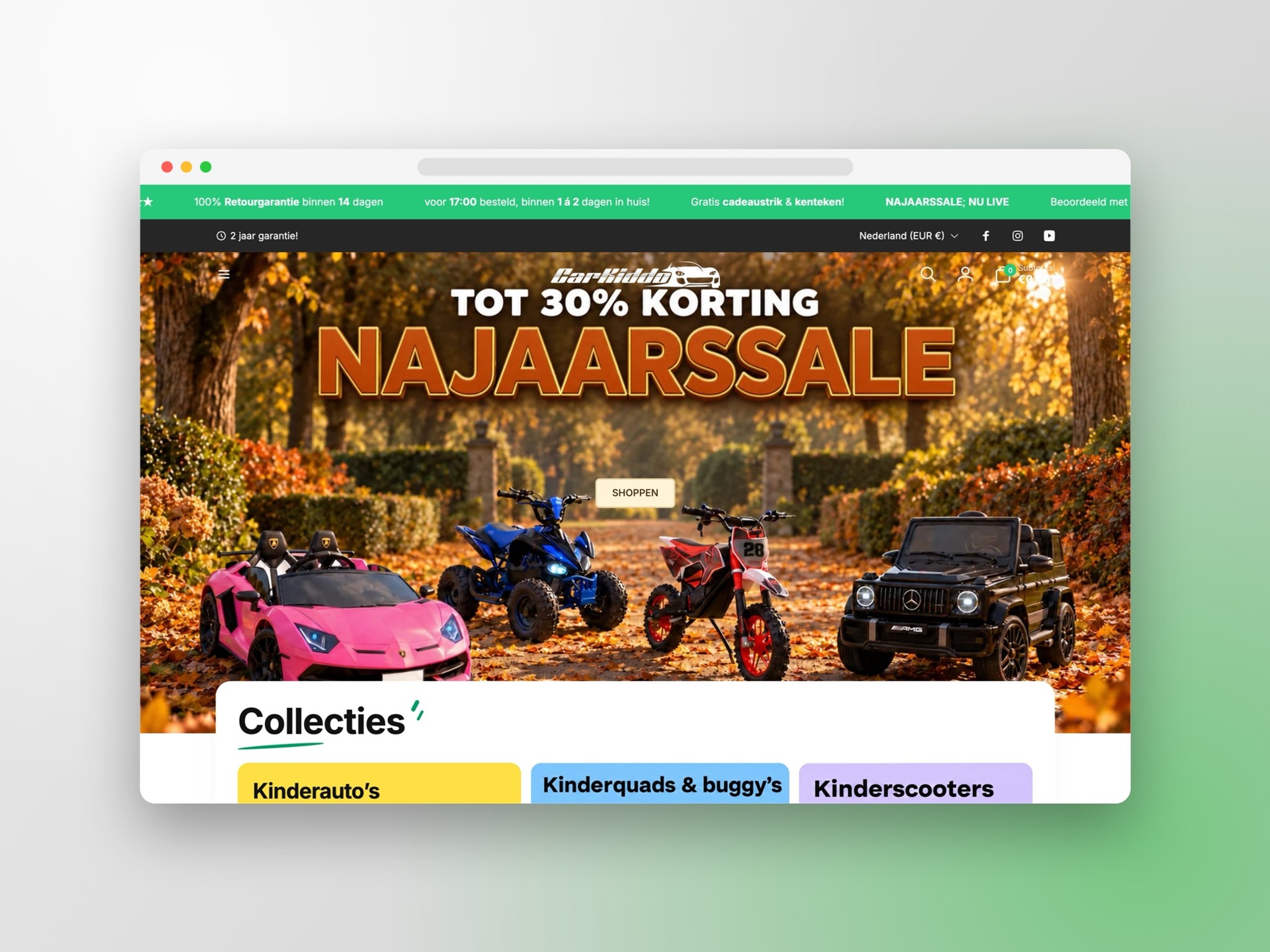 Homepage van de CarKiddo webshop in een browser