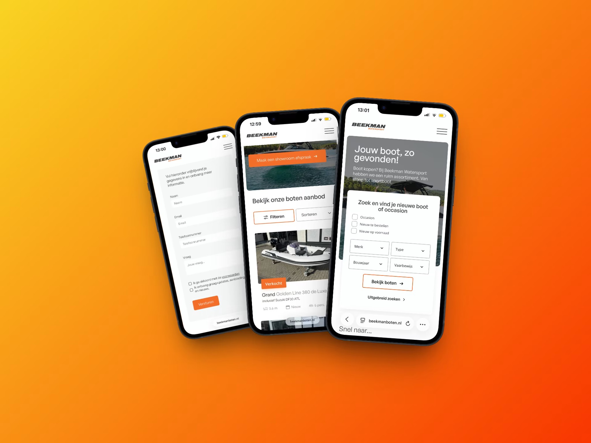 Drie mobiele pagina's van de Beekman Watersport-website, met het bootfilter en het aanbod