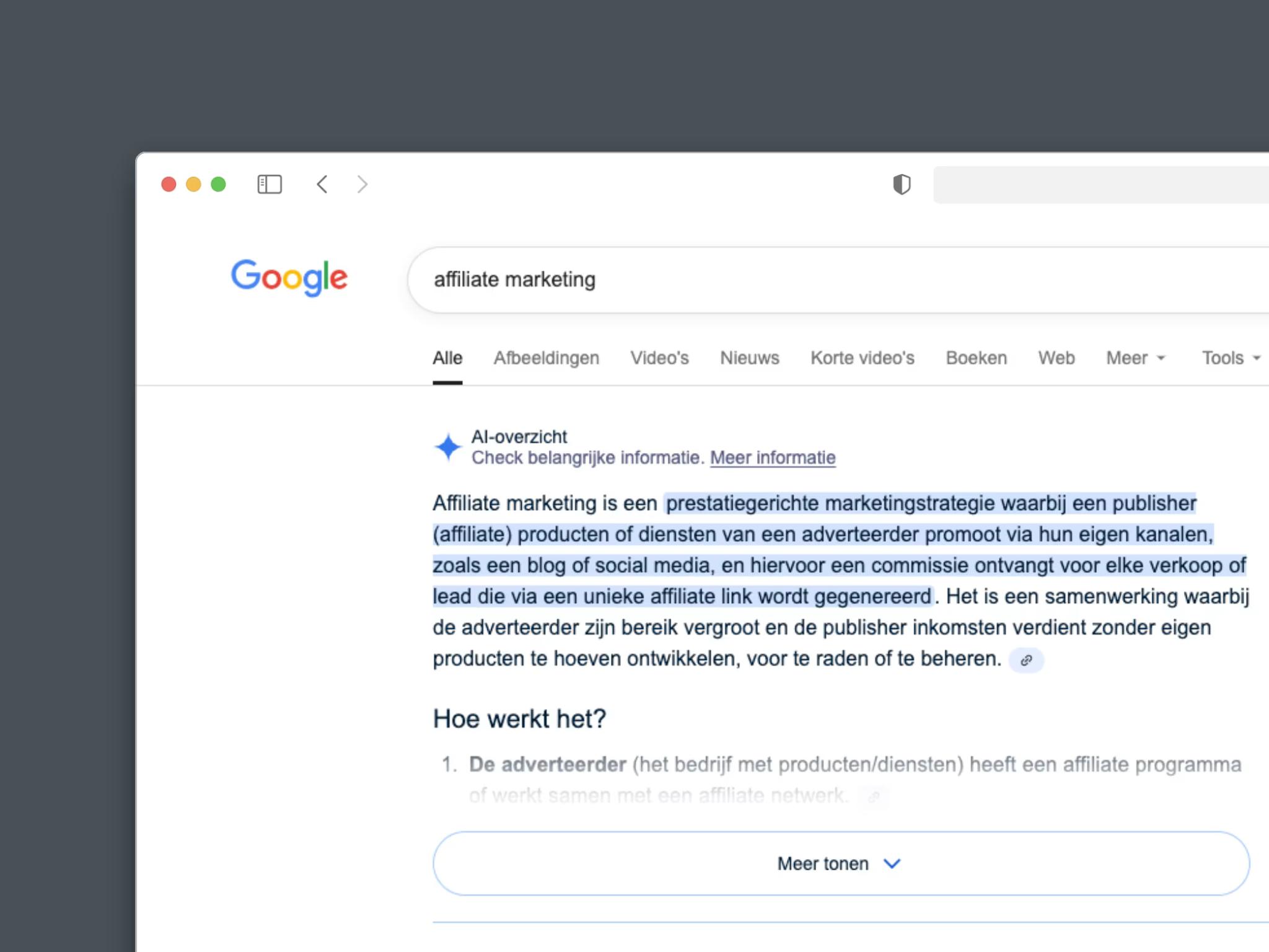 Google AI-overzicht met de uitleg wat affiliate marketing is