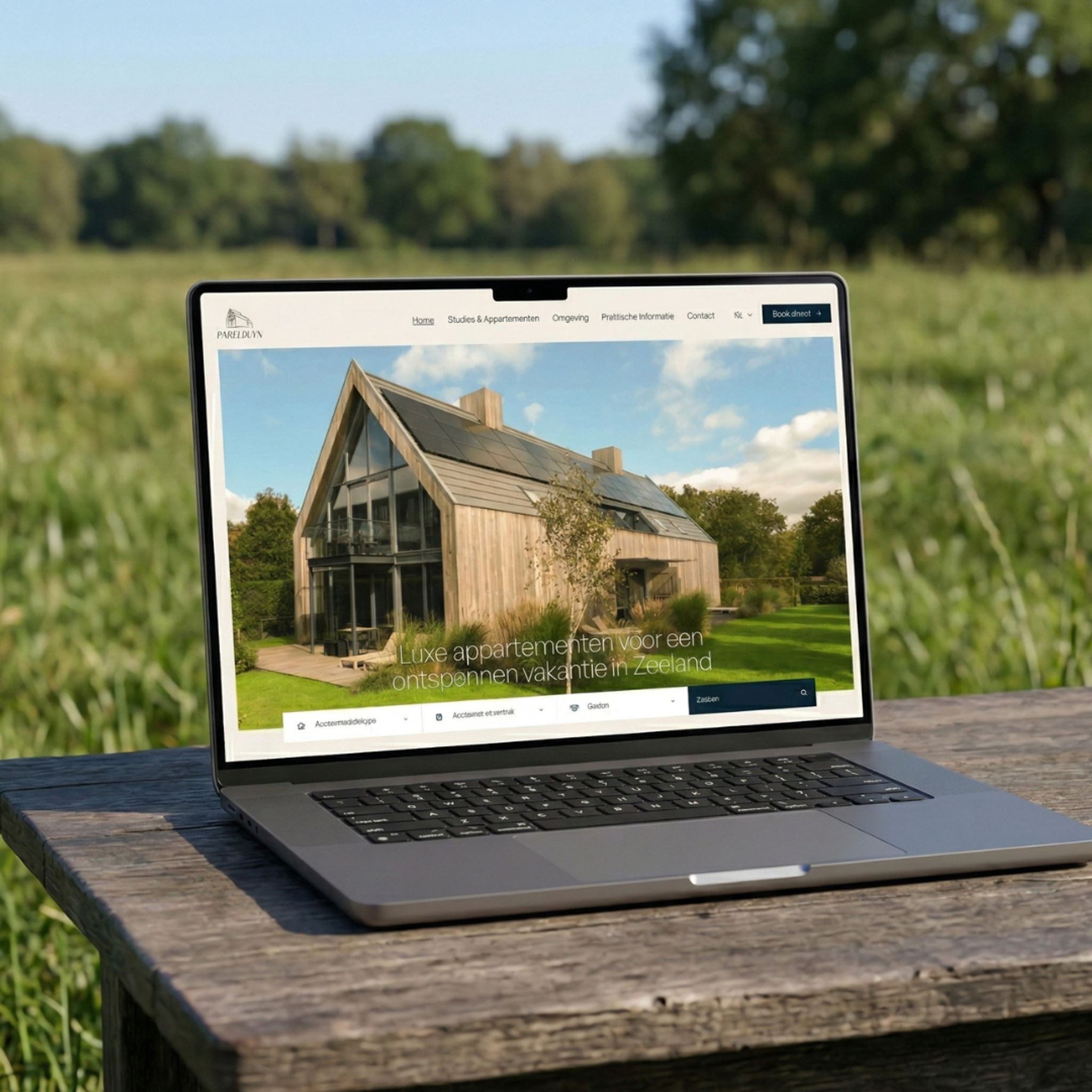 Homepage van de Parelduyn-website op een laptop in een weiland