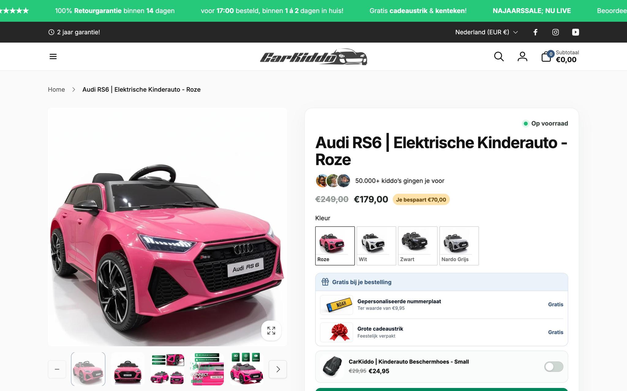Productpagina van de roze Audi RS6 kinderauto bij CarKiddo